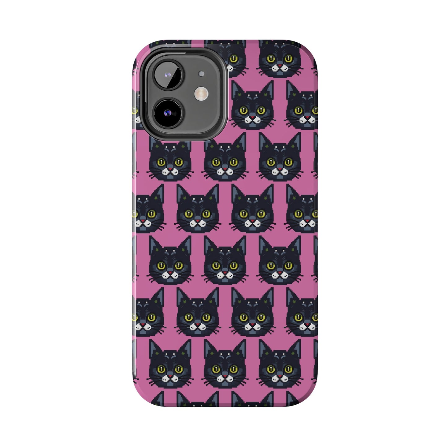 Playful Black Cat on Pink - Tough Phone Case - Pixel Cat Pattern - for iPhone