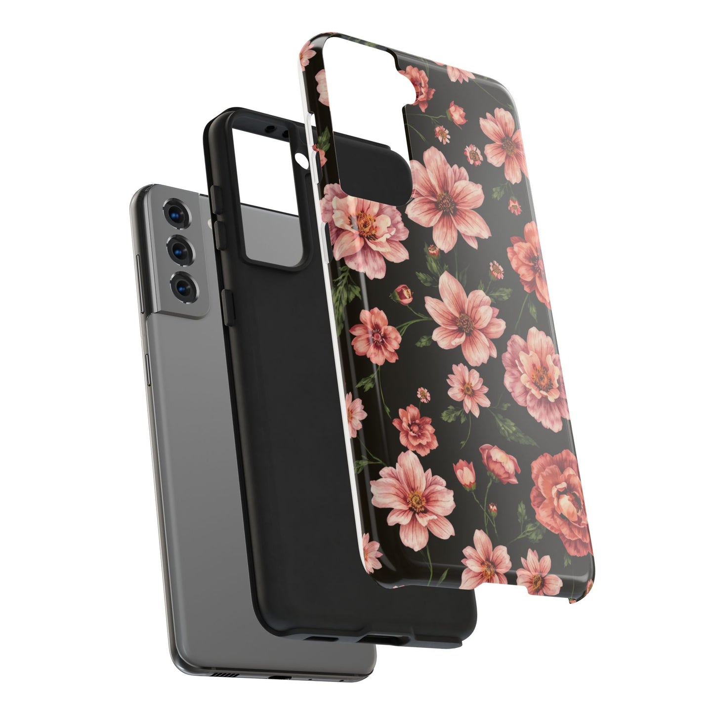 Floral Tough Phone Case - Durable Protection with Elegant Pink Flowers on Black Design - for iPhone