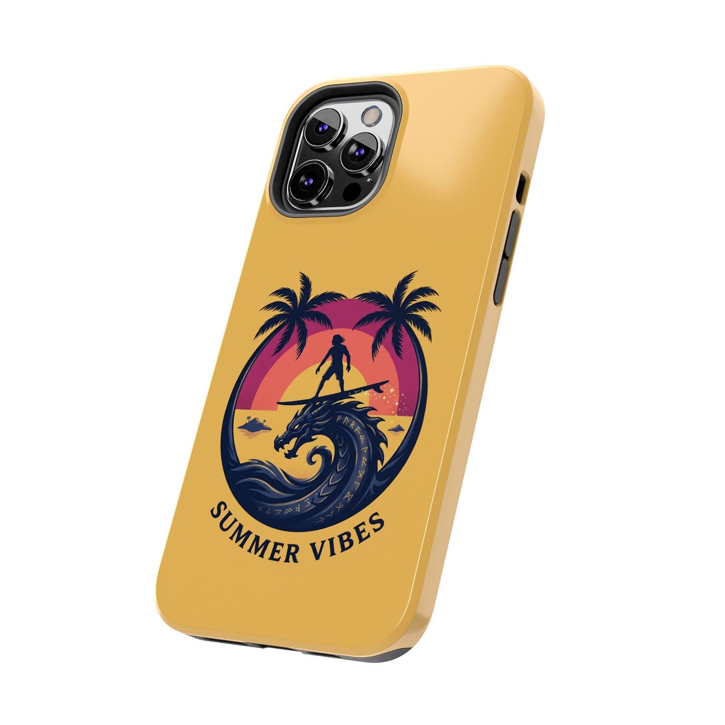 Surfing Dragon Phone Case — Silhouette Surfer with Palms & “Summer Vibes”