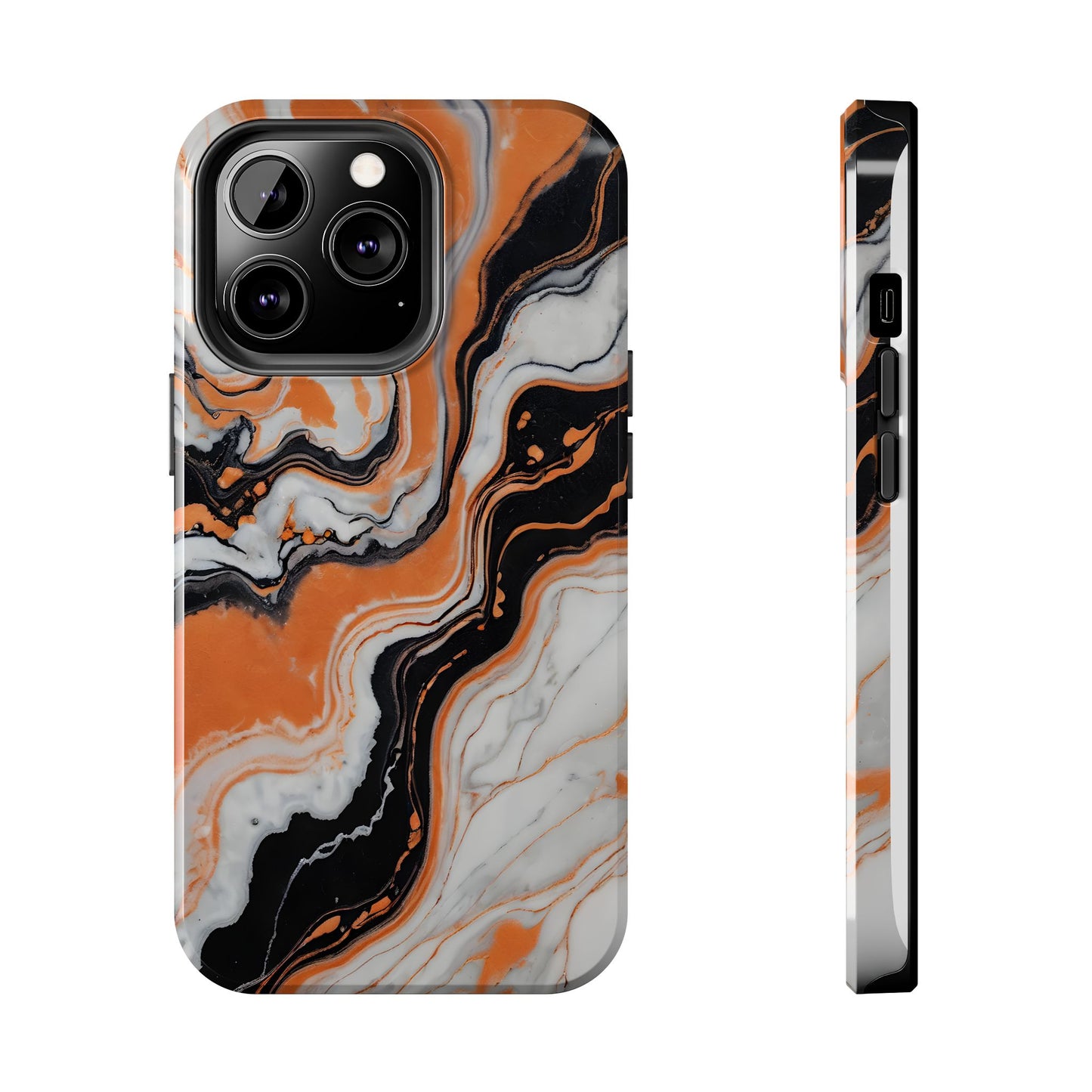 Stylish Tough Phone Case - Elegant Black, White & Orange Marble Design - for iPhone