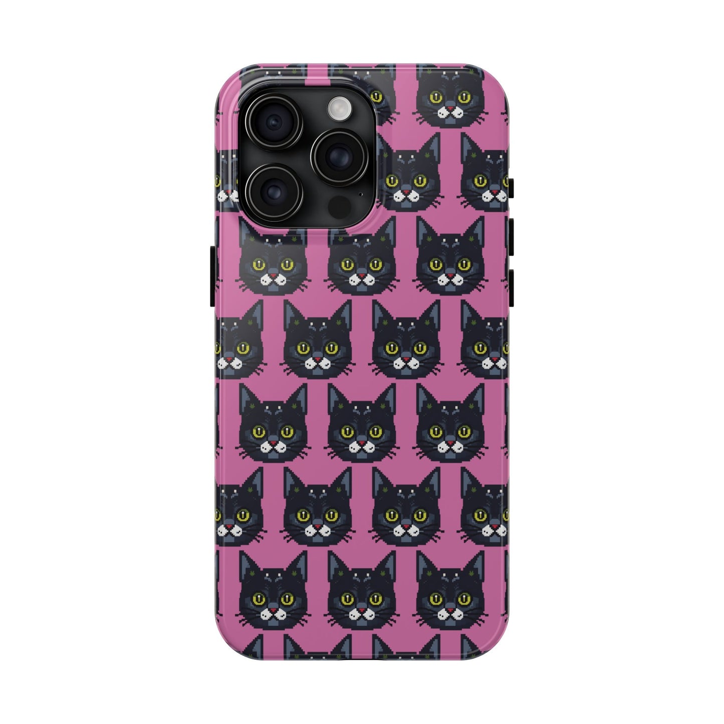 Playful Black Cat on Pink - Tough Phone Case - Pixel Cat Pattern - for iPhone