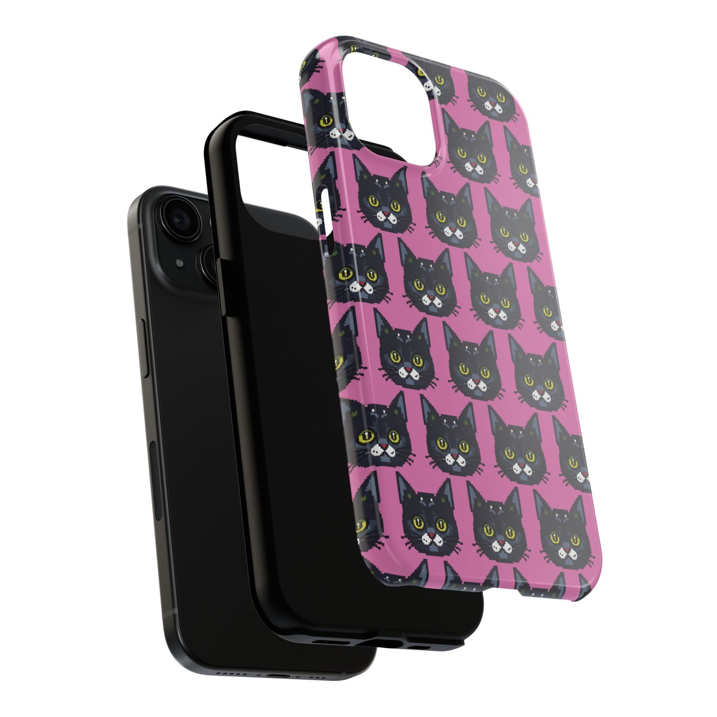 Playful Black Cat on Pink - Tough Phone Case - Pixel Cat Pattern - for iPhone