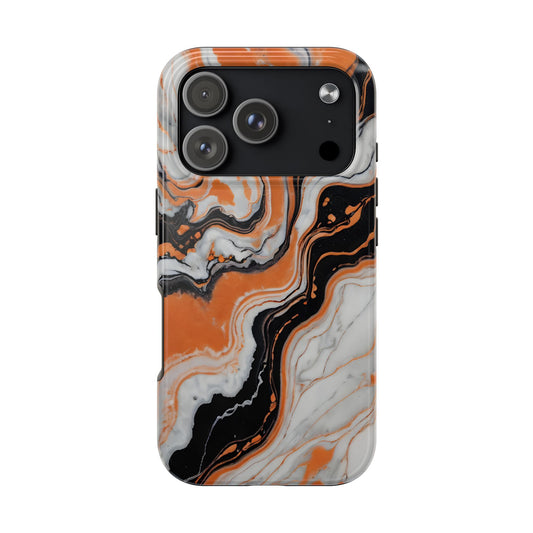 Stylish Tough Phone Case - Elegant Black, White & Orange Marble Design - for iPhone