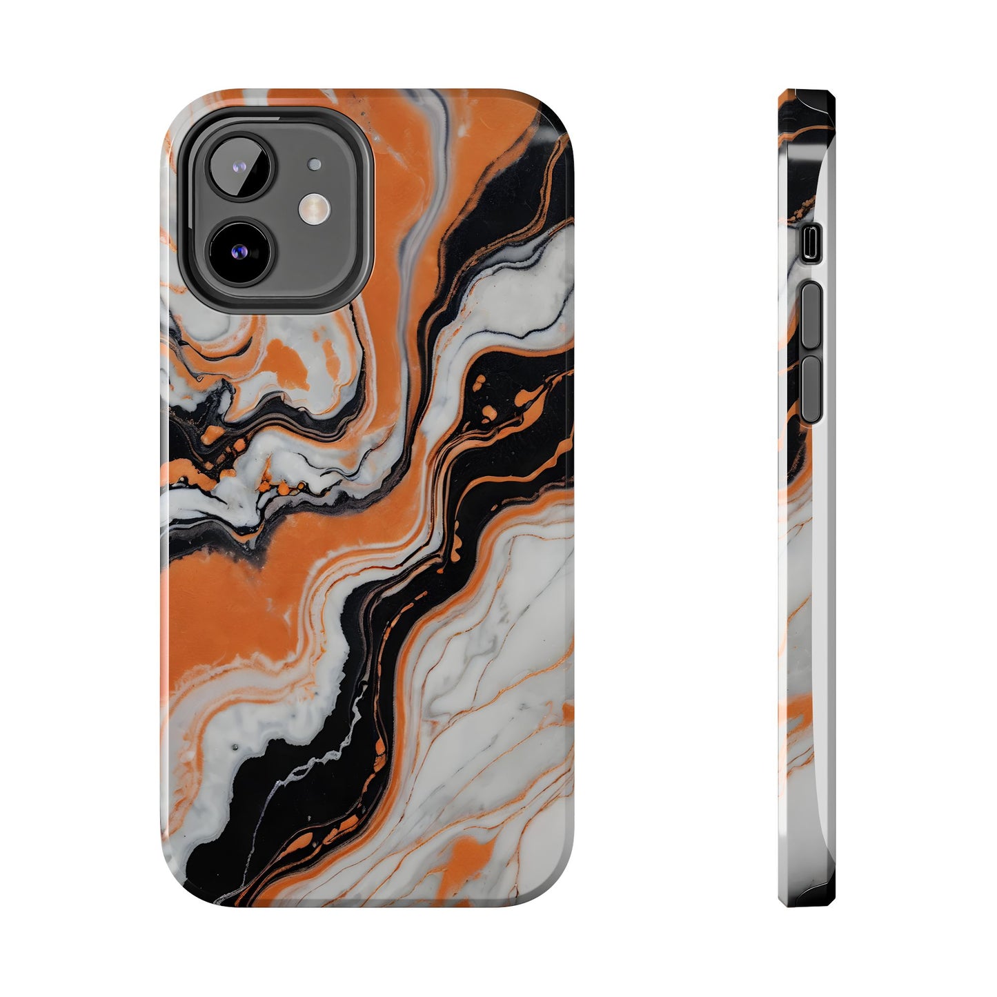 Stylish Tough Phone Case - Elegant Black, White & Orange Marble Design - for iPhone