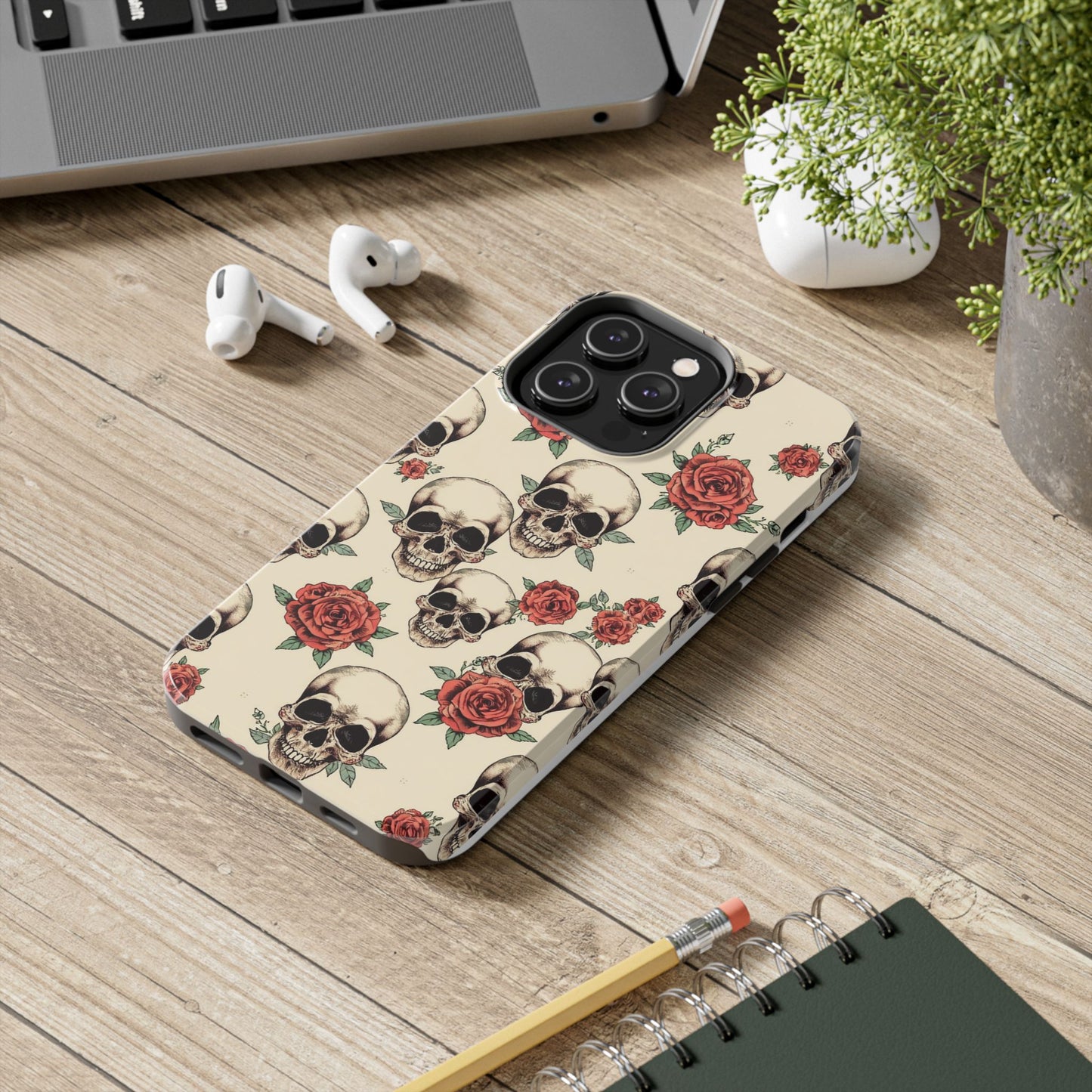 Tough Phone Case with Skull and Rose Design - Edgy Floral iPhone Protection