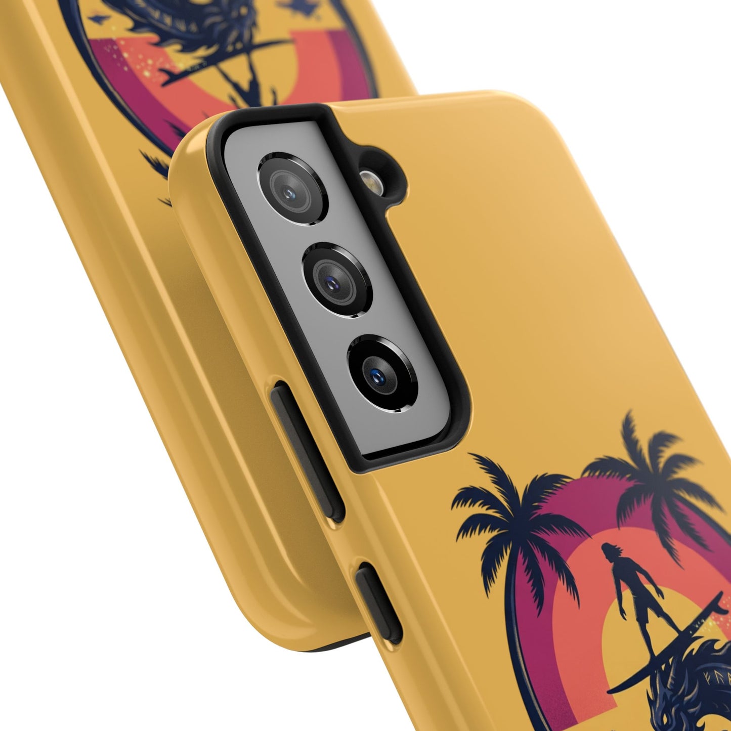 Surfing Dragon Phone Case — Silhouette Surfer with Palms & “Summer Vibes”