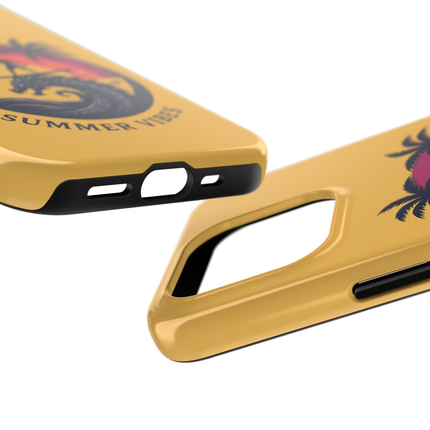 Surfing Dragon Phone Case — Silhouette Surfer with Palms & “Summer Vibes”