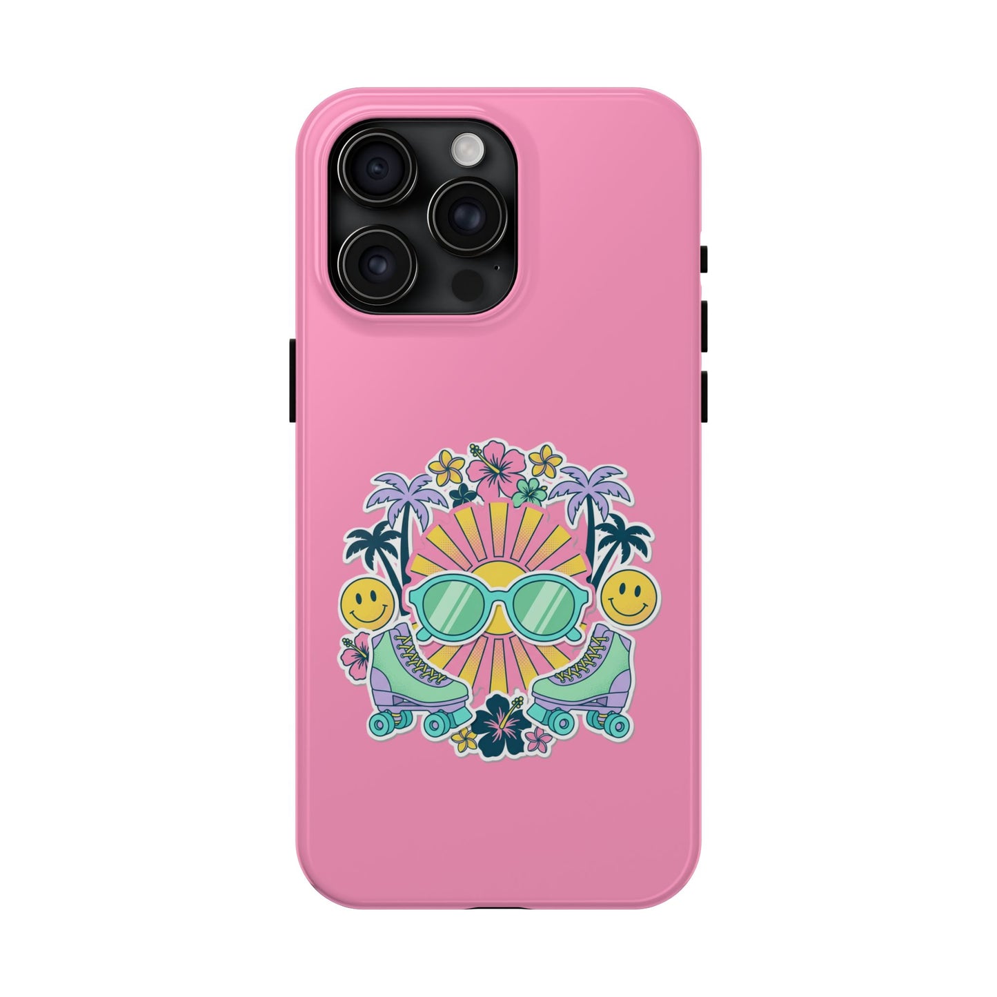 Retro Summer Phone Case — Y2K Palm Trees, Roller Skates & Smiley Collage