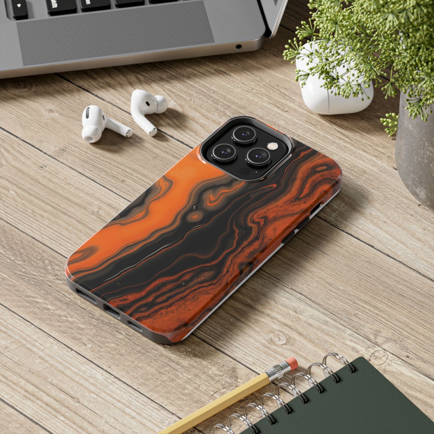Stylish Tough Phone Case - Bold Black and Orange Metallic Lava Flow Design - for iPhone
