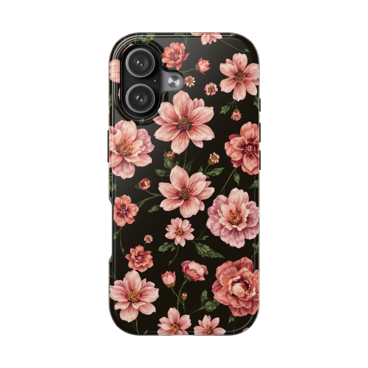 Floral Tough Phone Case - Durable Protection with Elegant Pink Flowers on Black Design - for iPhone