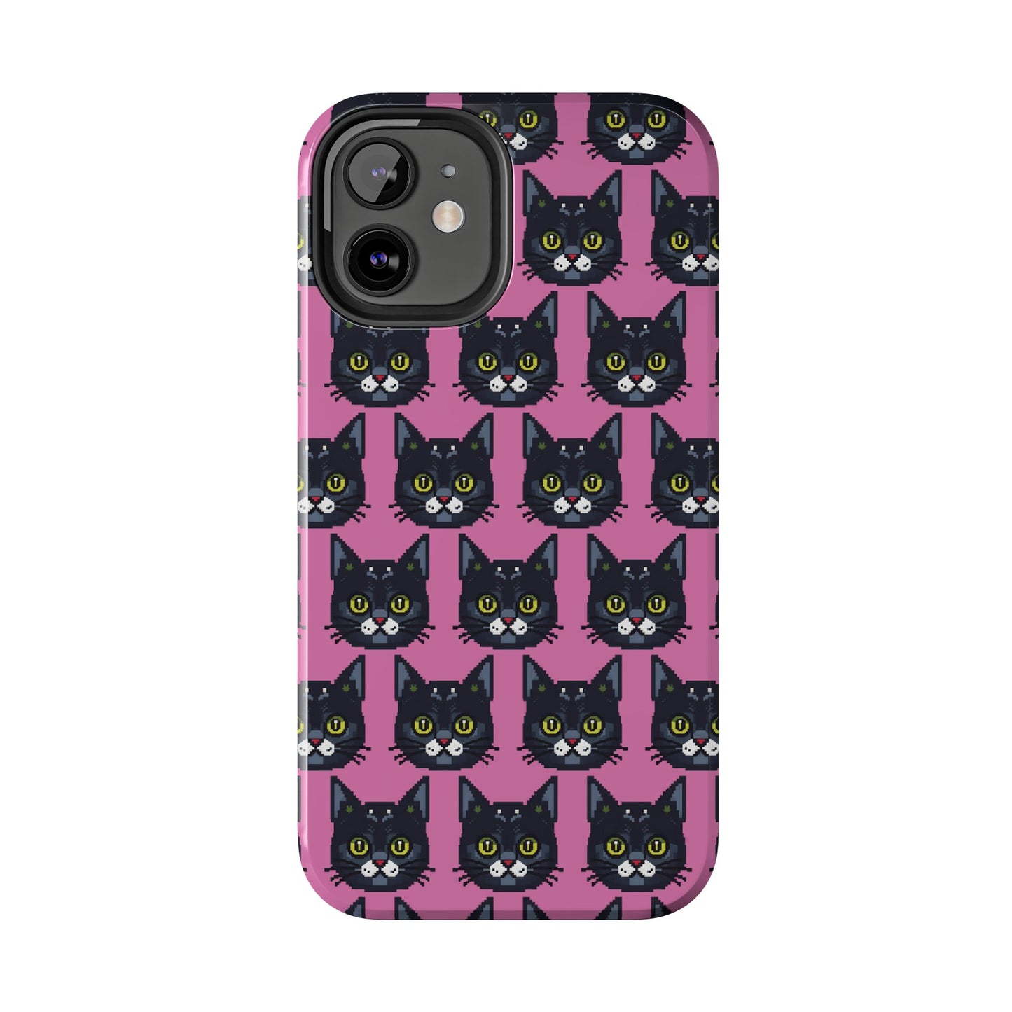 Playful Black Cat on Pink - Tough Phone Case - Pixel Cat Pattern - for iPhone