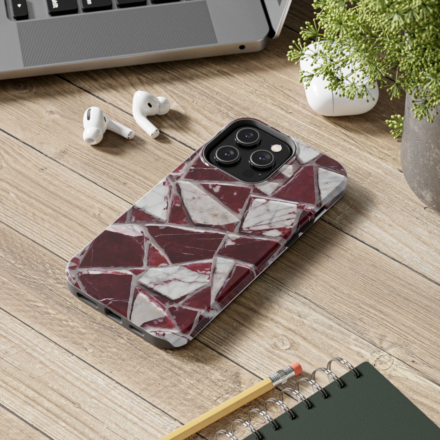 Elegant Red Pieces Marble Pattern Tough Phone Case - Stylish Protection for iPhone