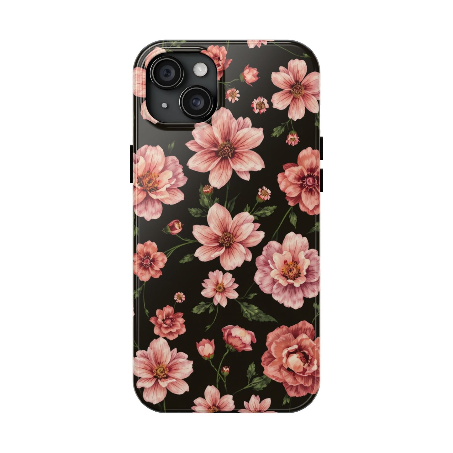 Floral Tough Phone Case - Durable Protection with Elegant Pink Flowers on Black Design - for iPhone