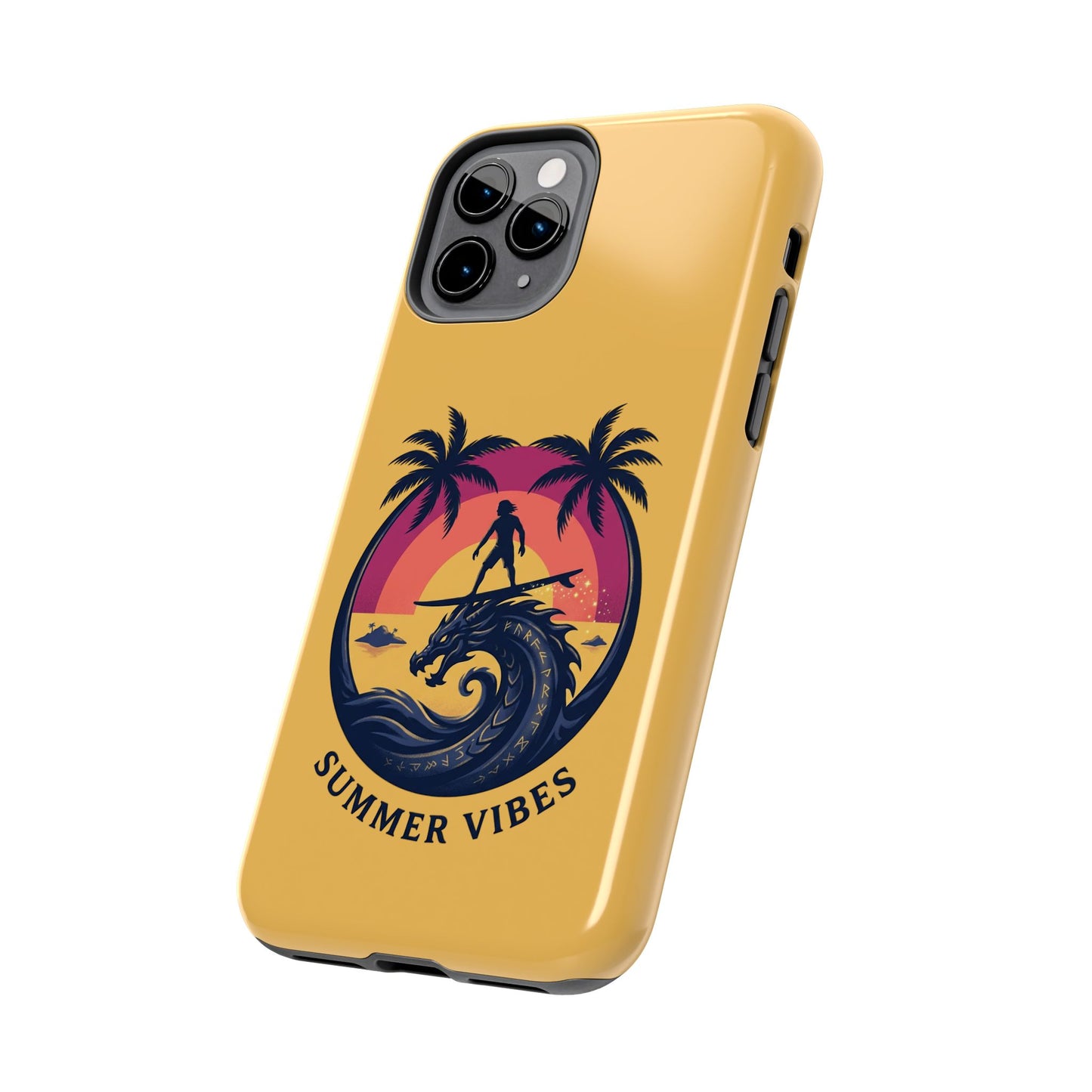 Surfing Dragon Phone Case — Silhouette Surfer with Palms & “Summer Vibes”
