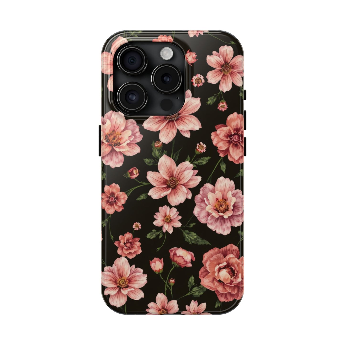 Floral Tough Phone Case - Durable Protection with Elegant Pink Flowers on Black Design - for iPhone