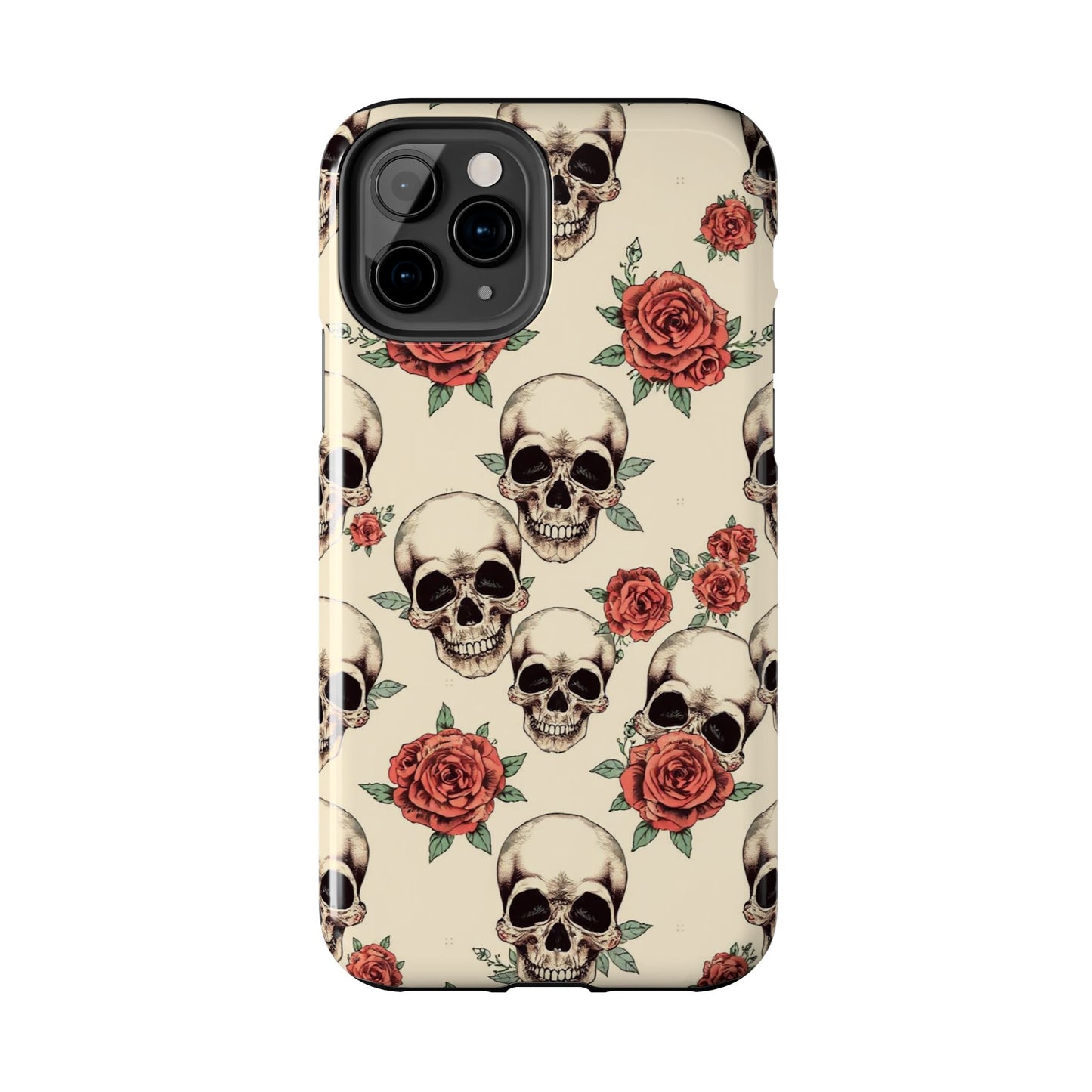 Tough Phone Case with Skull and Rose Design - Edgy Floral iPhone Protection