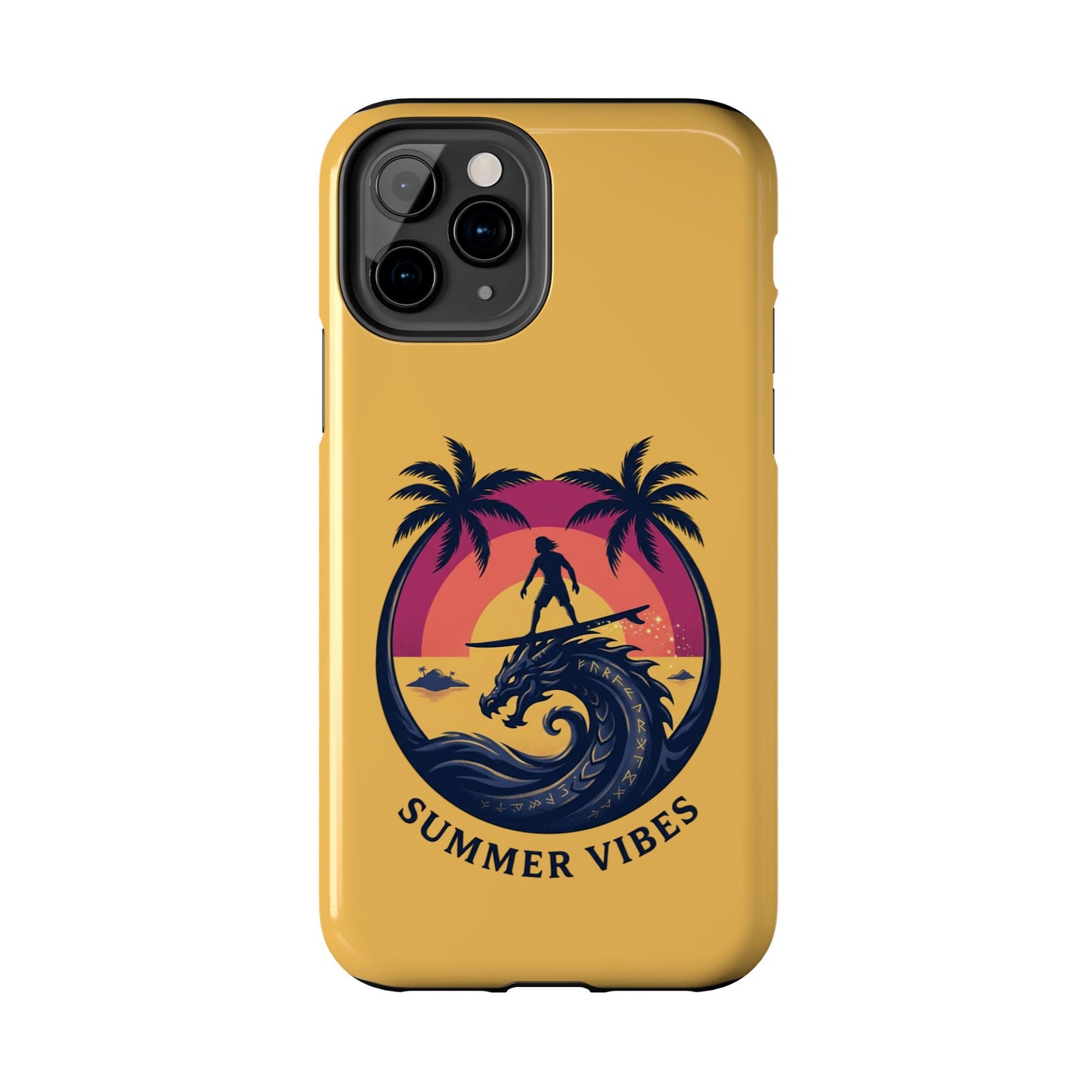 Surfing Dragon Phone Case — Silhouette Surfer with Palms & “Summer Vibes”