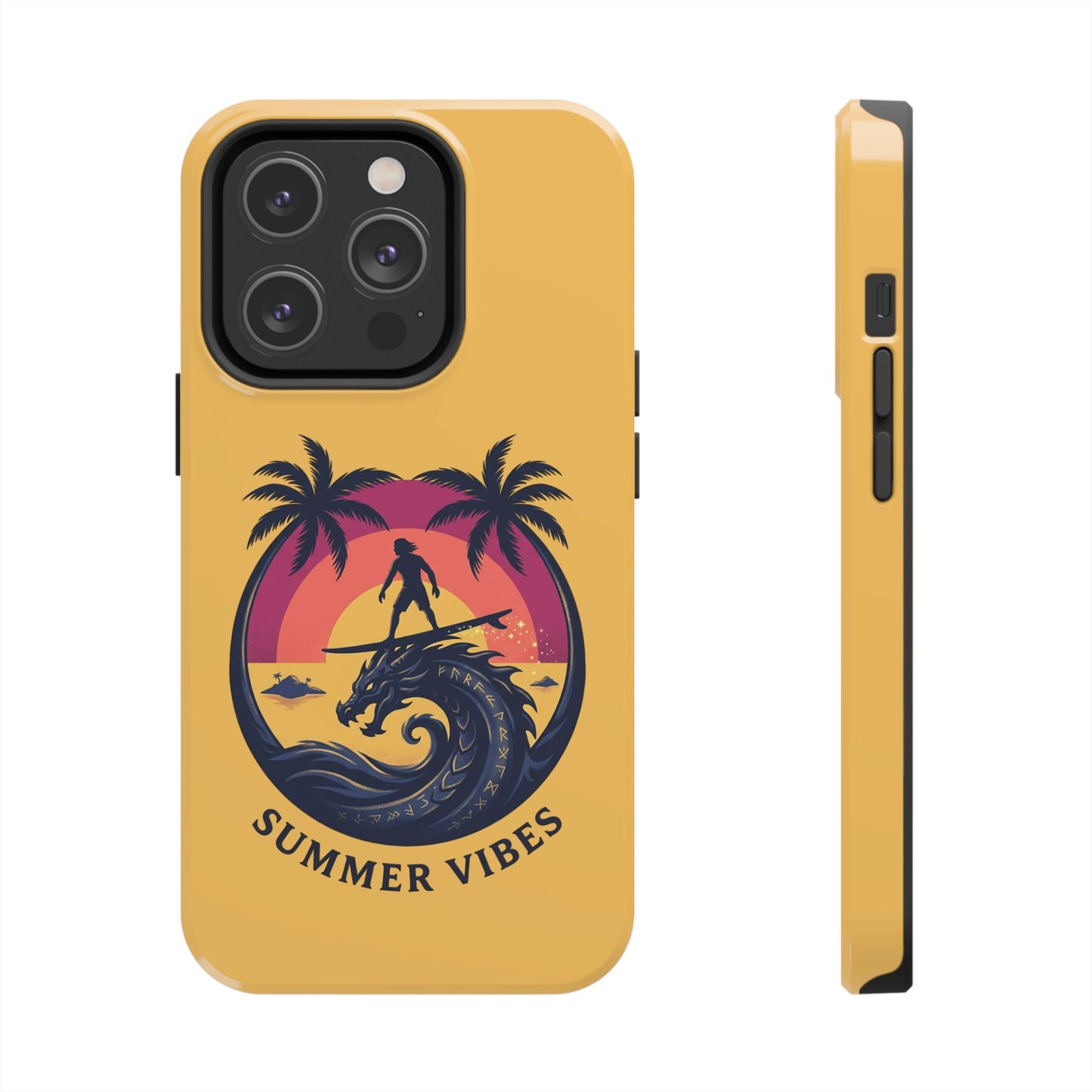 Surfing Dragon Phone Case — Silhouette Surfer with Palms & “Summer Vibes”
