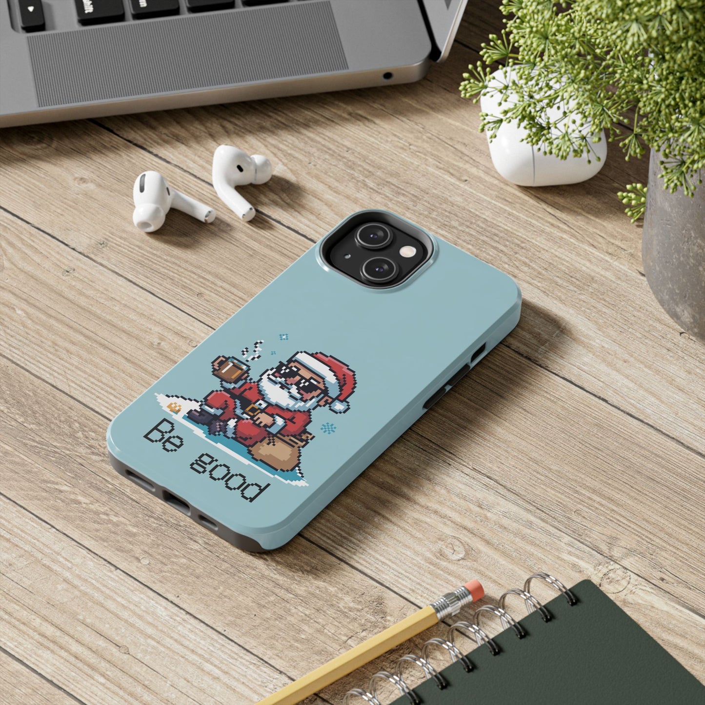 Pixel Art Santa Claus iPhone Case - Festive Tough Case with 'Be Good' Design