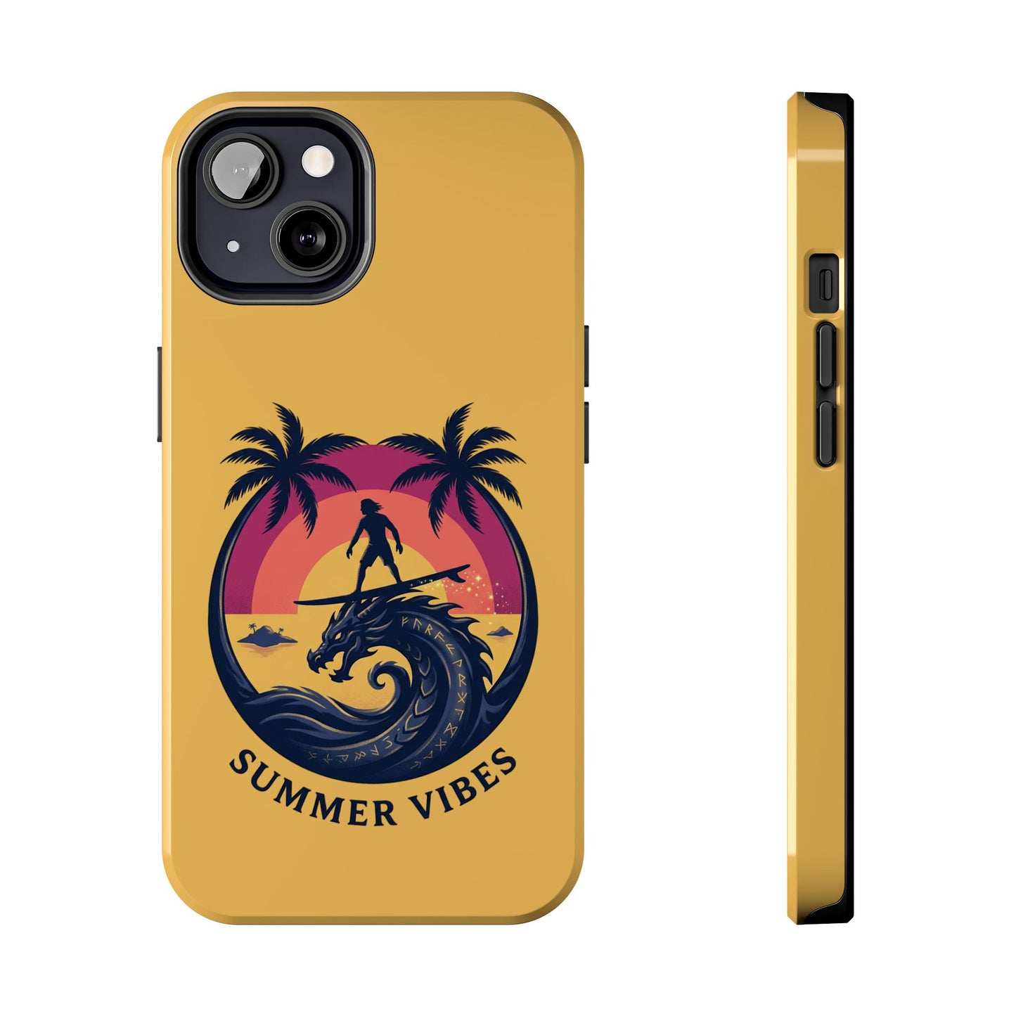 Surfing Dragon Phone Case — Silhouette Surfer with Palms & “Summer Vibes”