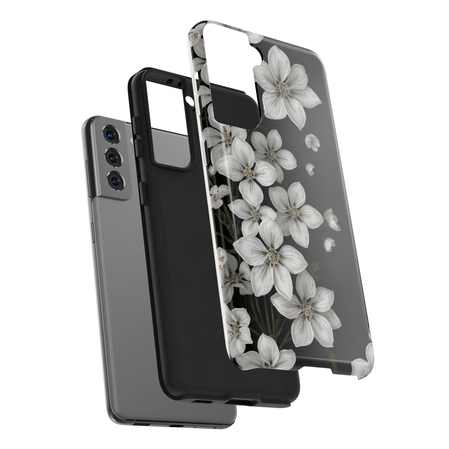 Floral Tough Phone Case - Pure Elegant White Petals on Black Background - for iPhone