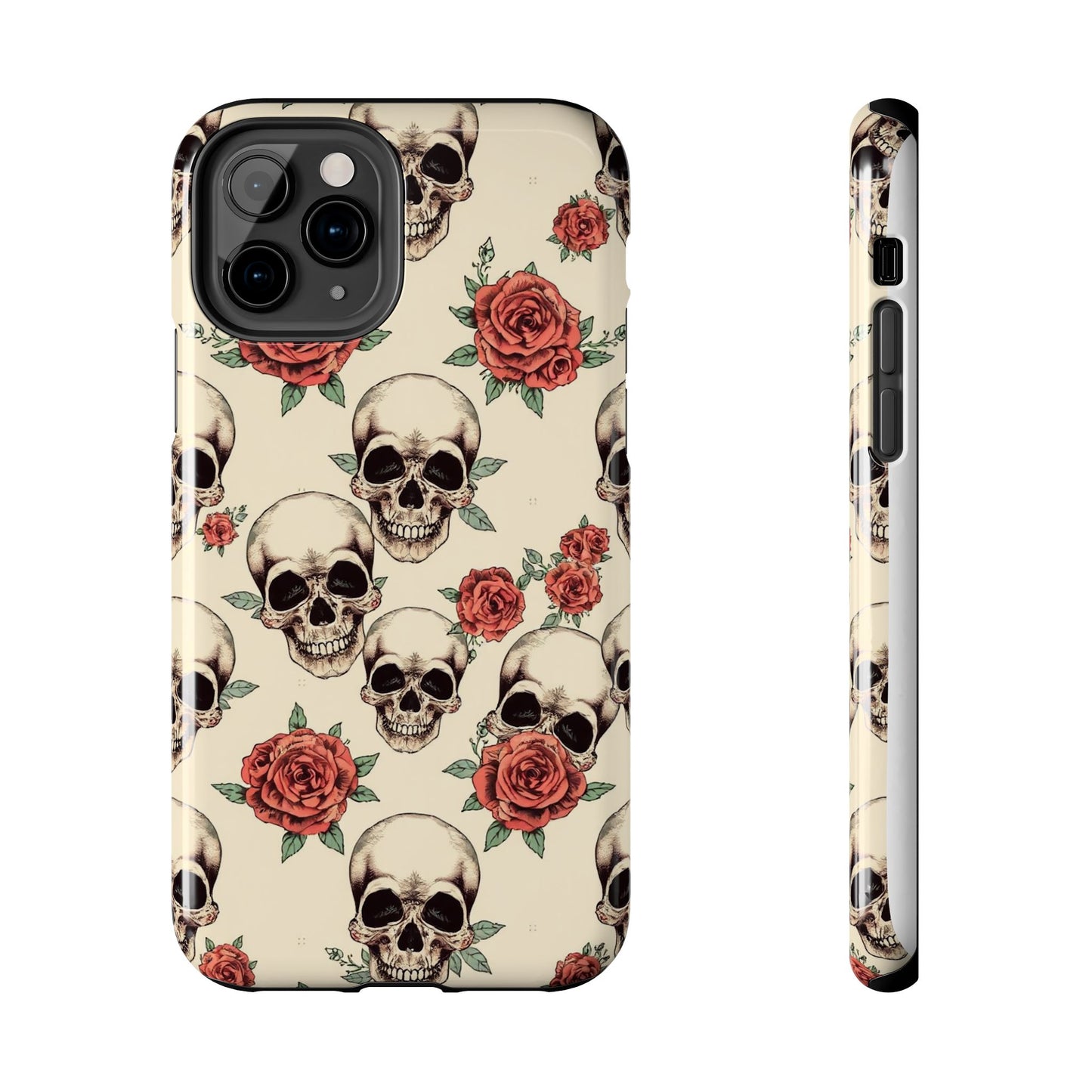 Tough Phone Case with Skull and Rose Design - Edgy Floral iPhone Protection