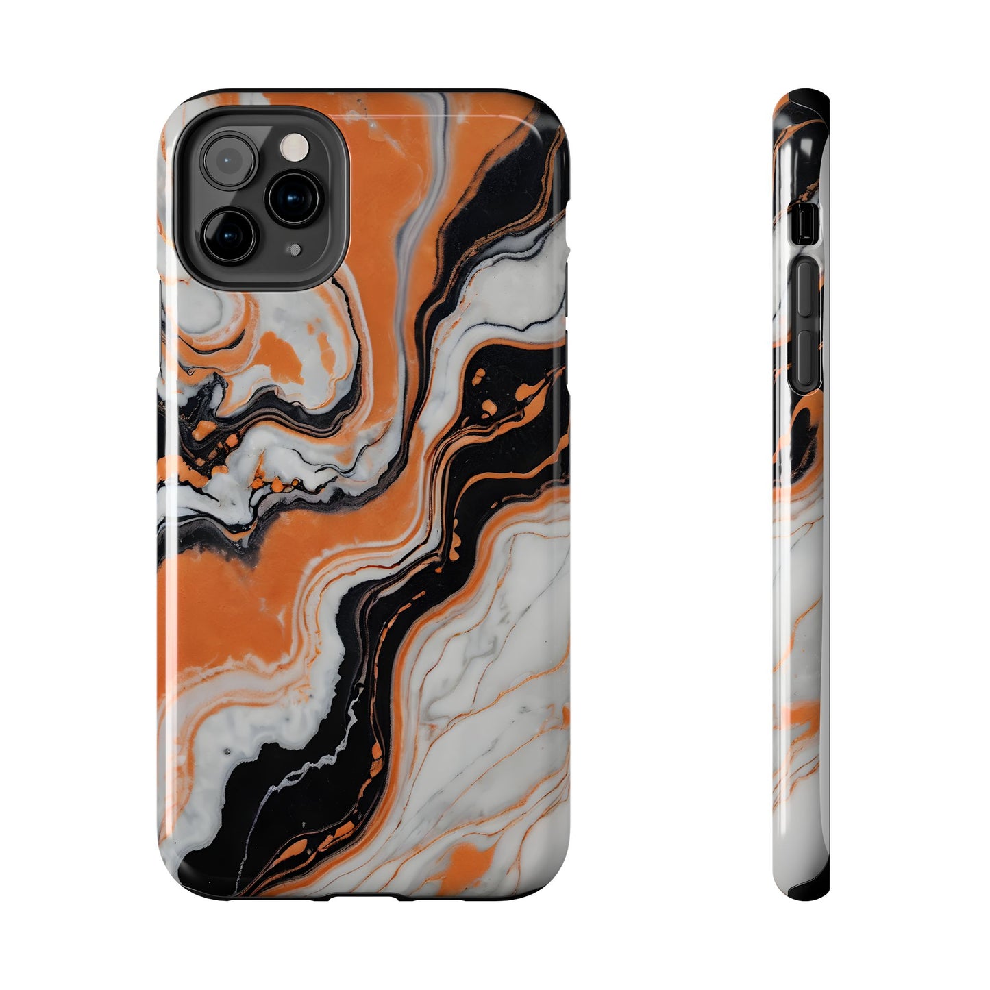 Stylish Tough Phone Case - Elegant Black, White & Orange Marble Design - for iPhone