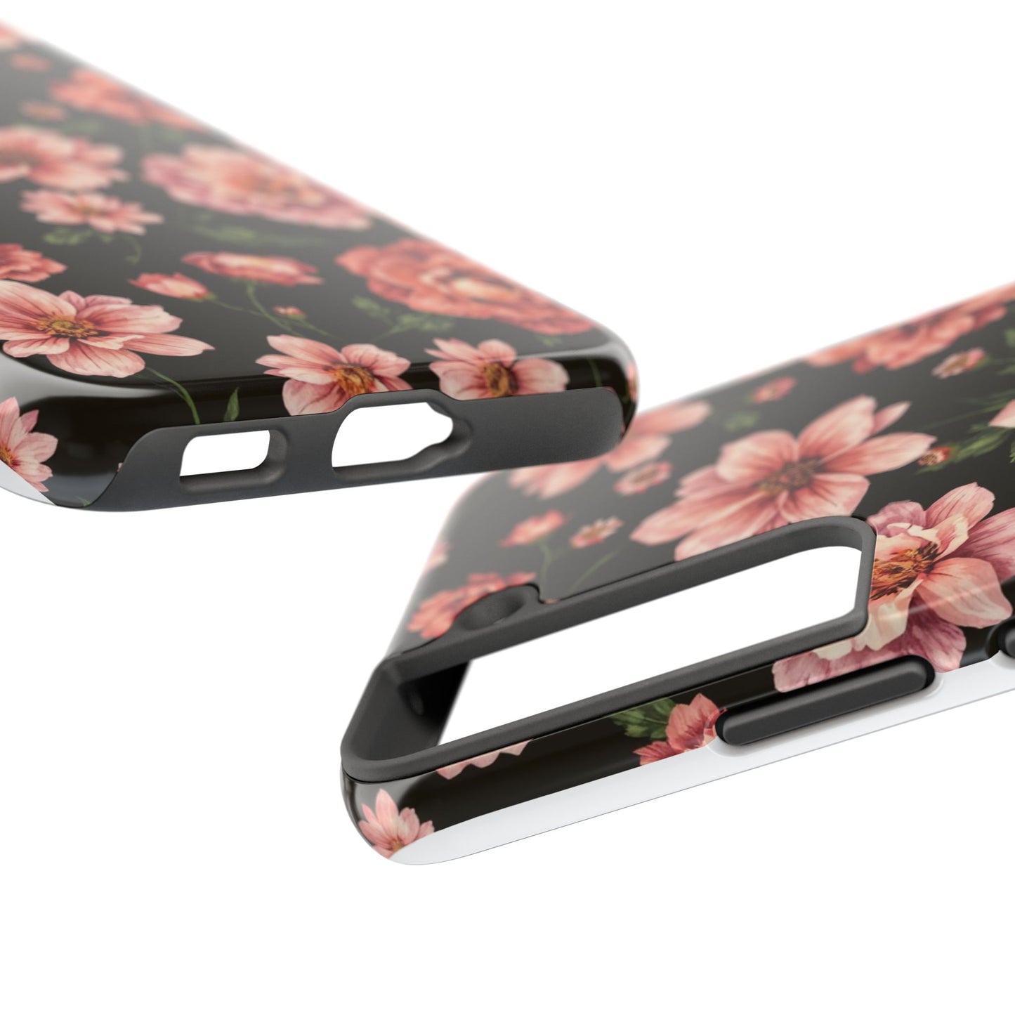 Floral Tough Phone Case - Durable Protection with Elegant Pink Flowers on Black Design - for iPhone