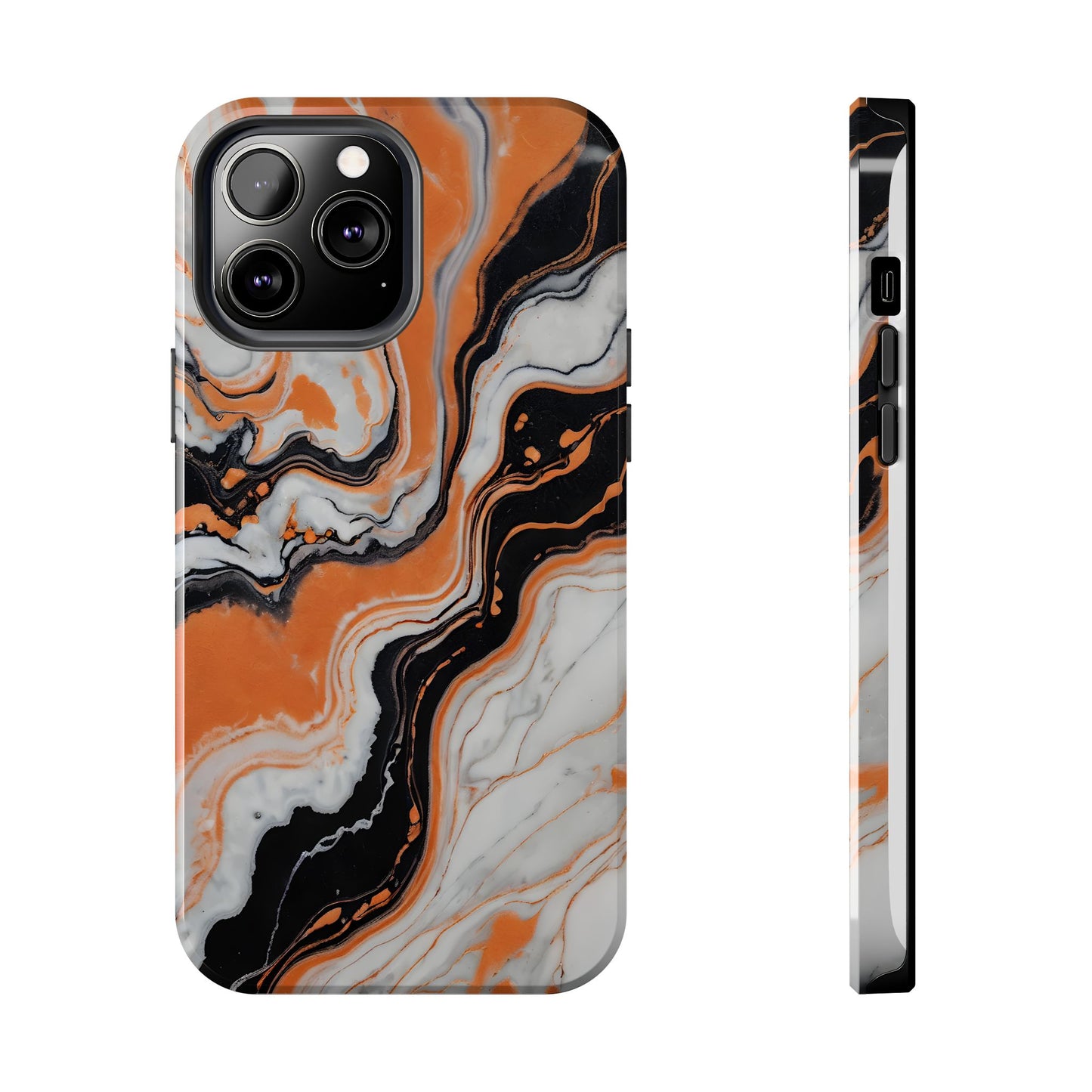 Stylish Tough Phone Case - Elegant Black, White & Orange Marble Design - for iPhone