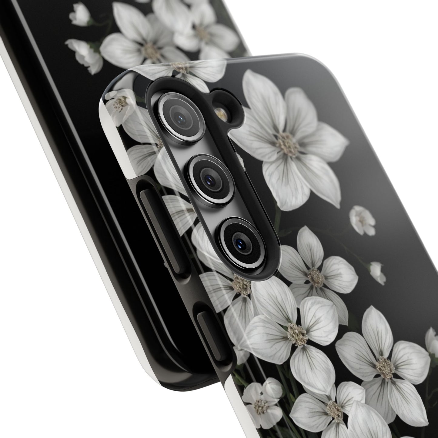 Floral Tough Phone Case - Pure Elegant White Petals on Black Background - for iPhone