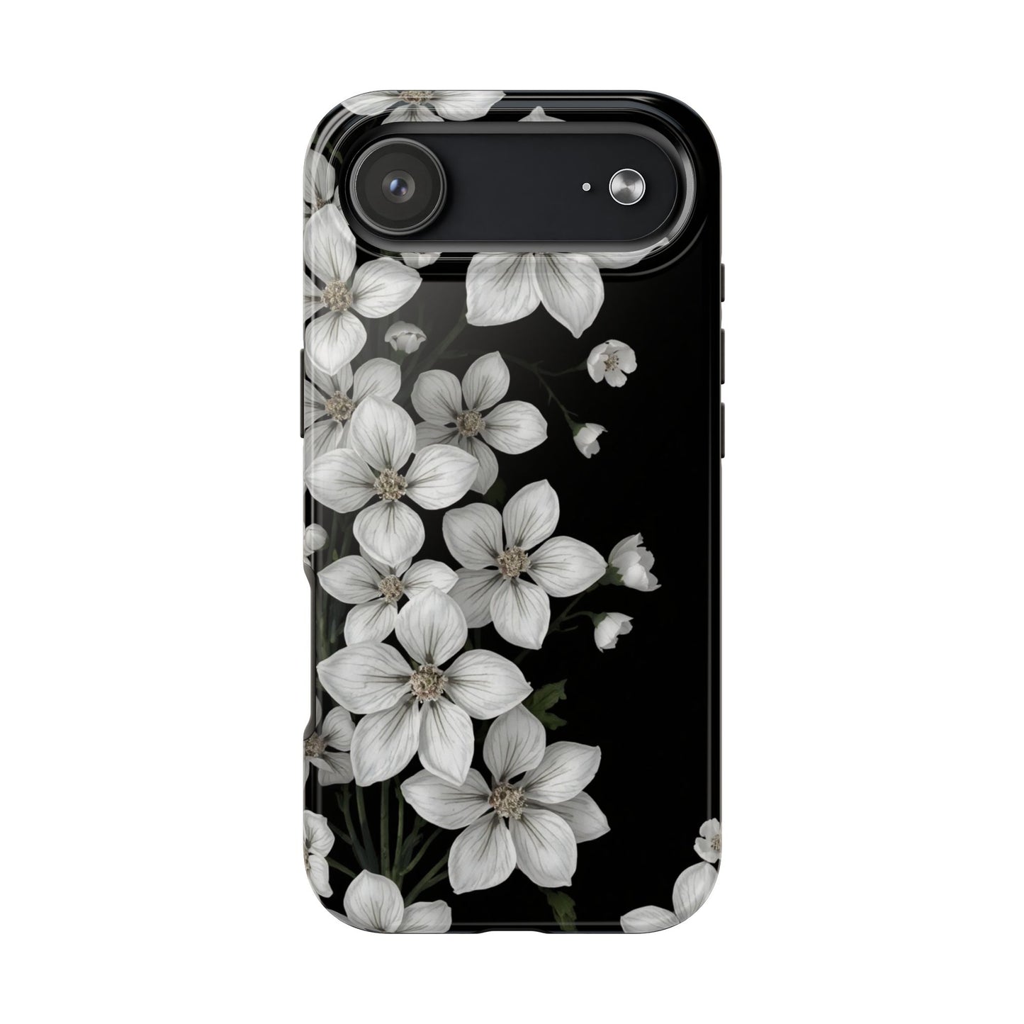 Floral Tough Phone Case - Pure Elegant White Petals on Black Background - for iPhone