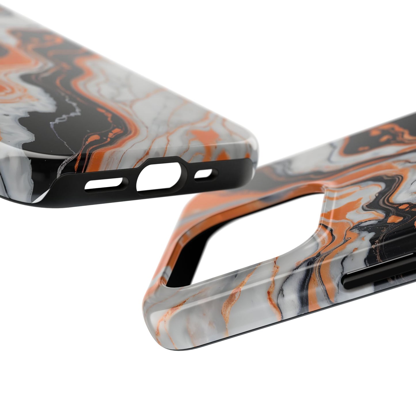 Stylish Tough Phone Case - Elegant Black, White & Orange Marble Design - for iPhone