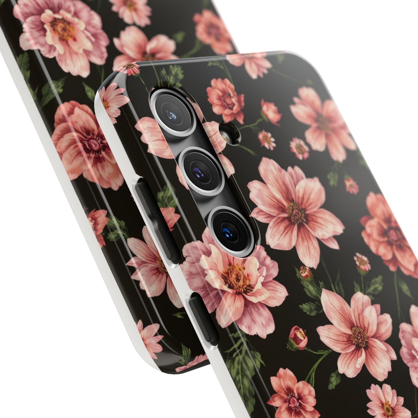 Floral Tough Phone Case - Durable Protection with Elegant Pink Flowers on Black Design - for iPhone