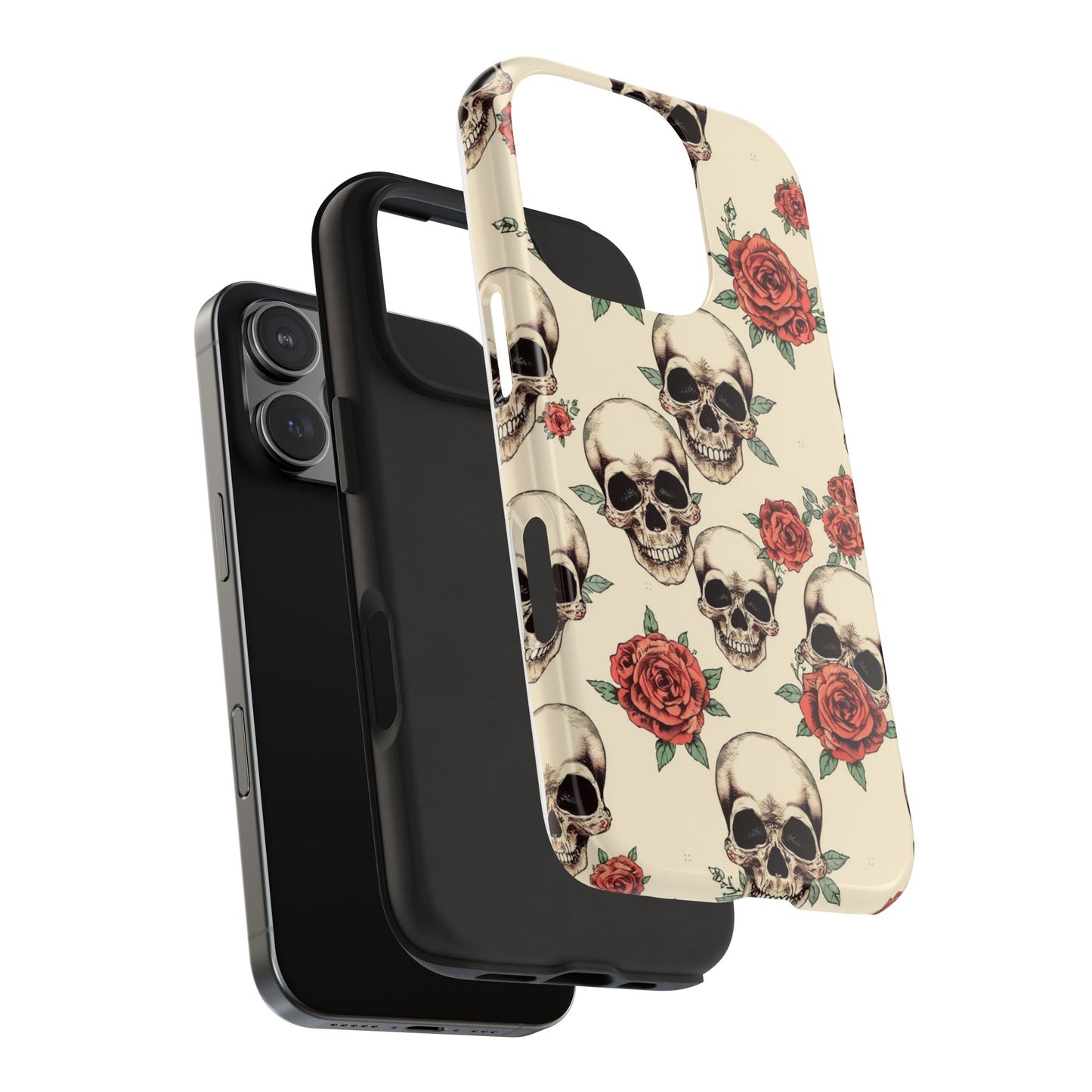 Tough Phone Case with Skull and Rose Design - Edgy Floral iPhone Protection