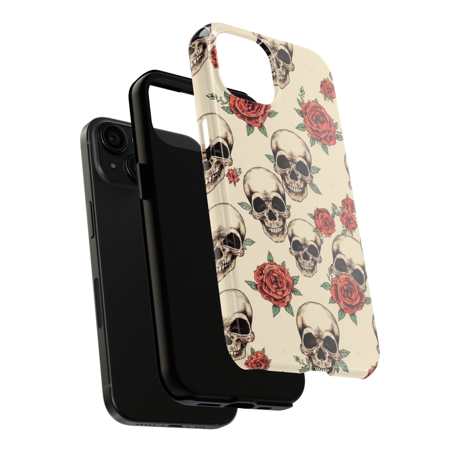 Tough Phone Case with Skull and Rose Design - Edgy Floral iPhone Protection