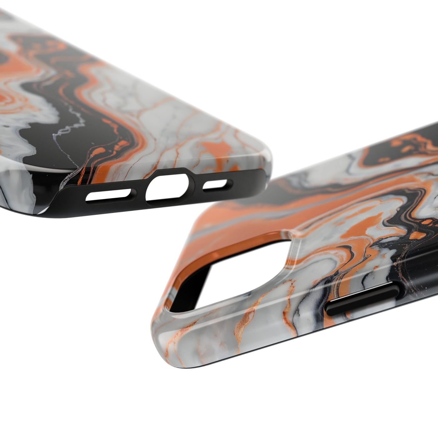 Stylish Tough Phone Case - Elegant Black, White & Orange Marble Design - for iPhone