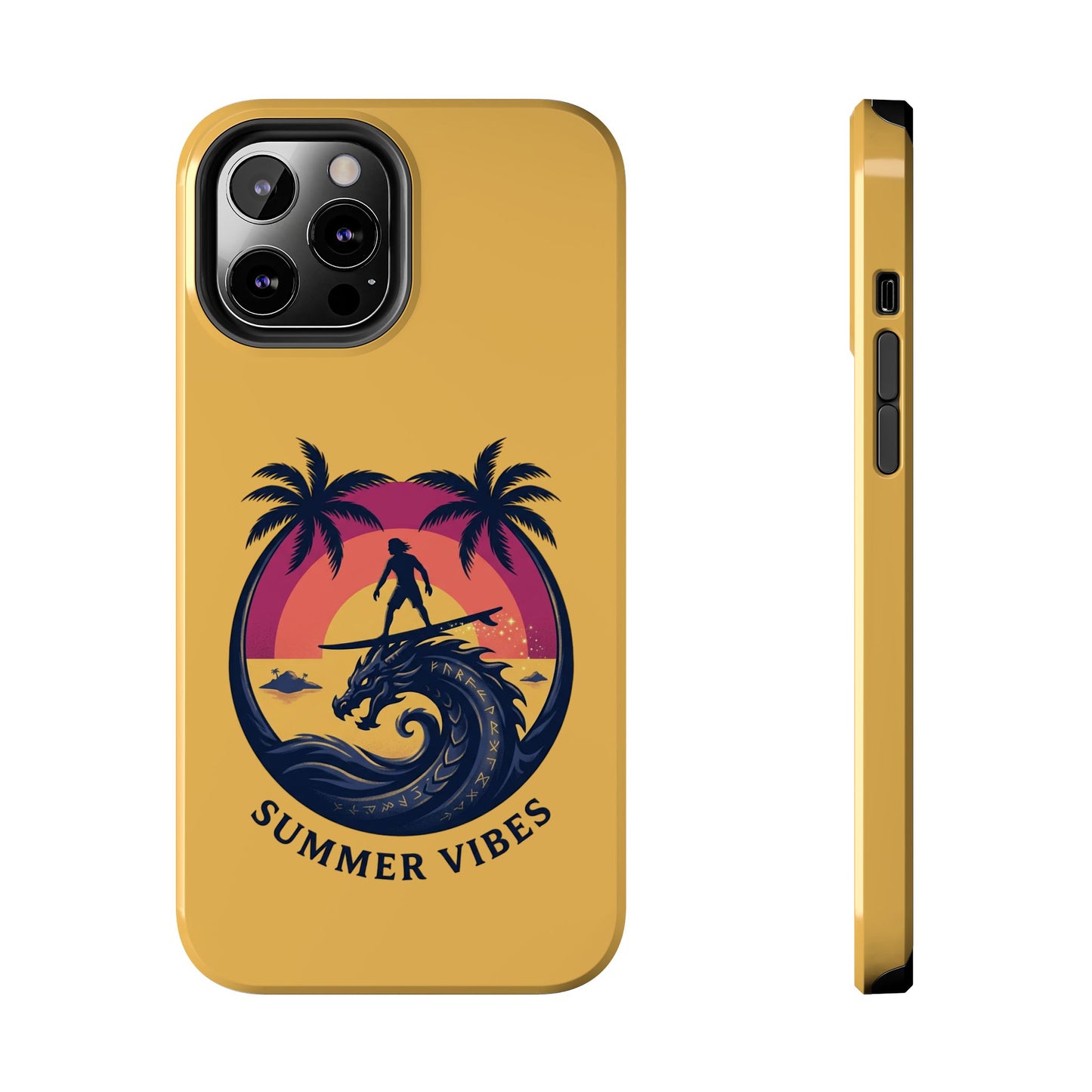 Surfing Dragon Phone Case — Silhouette Surfer with Palms & “Summer Vibes”