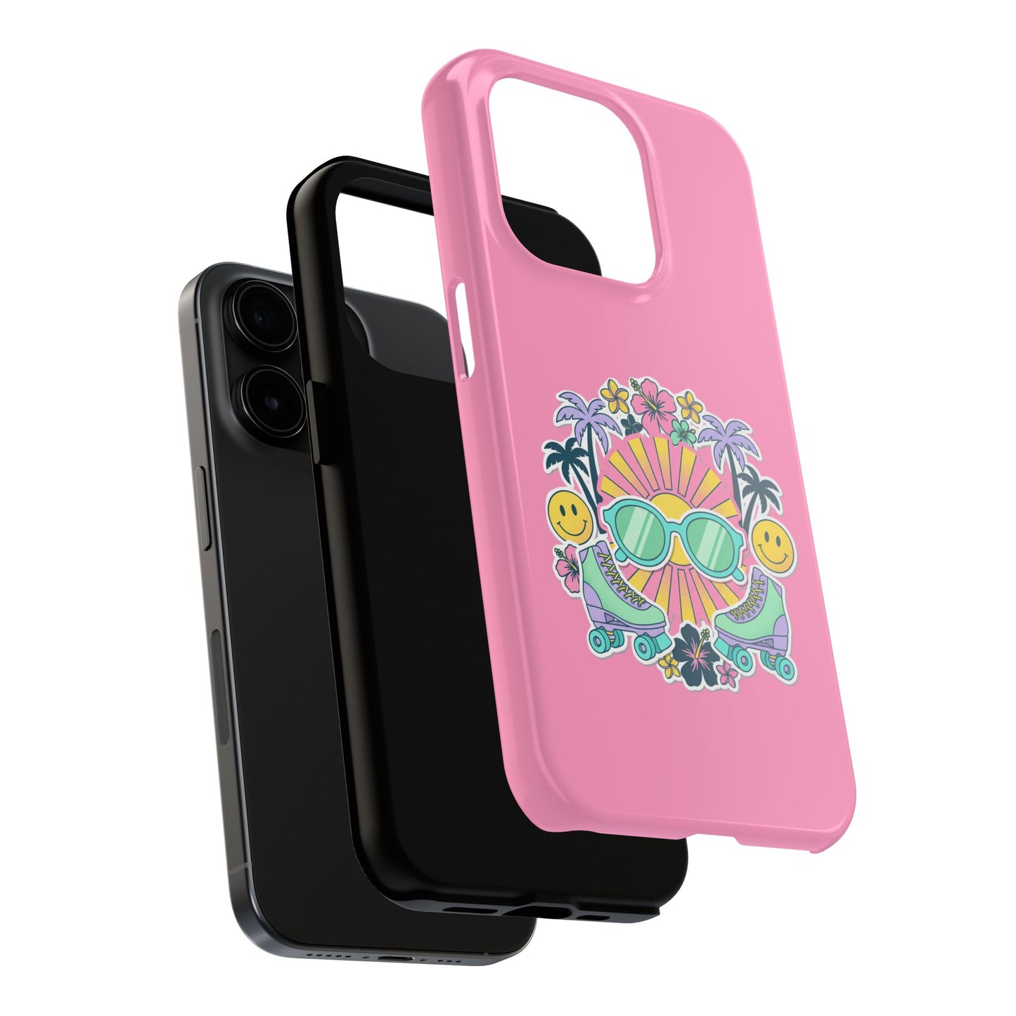 Retro Summer Phone Case — Y2K Palm Trees, Roller Skates & Smiley Collage