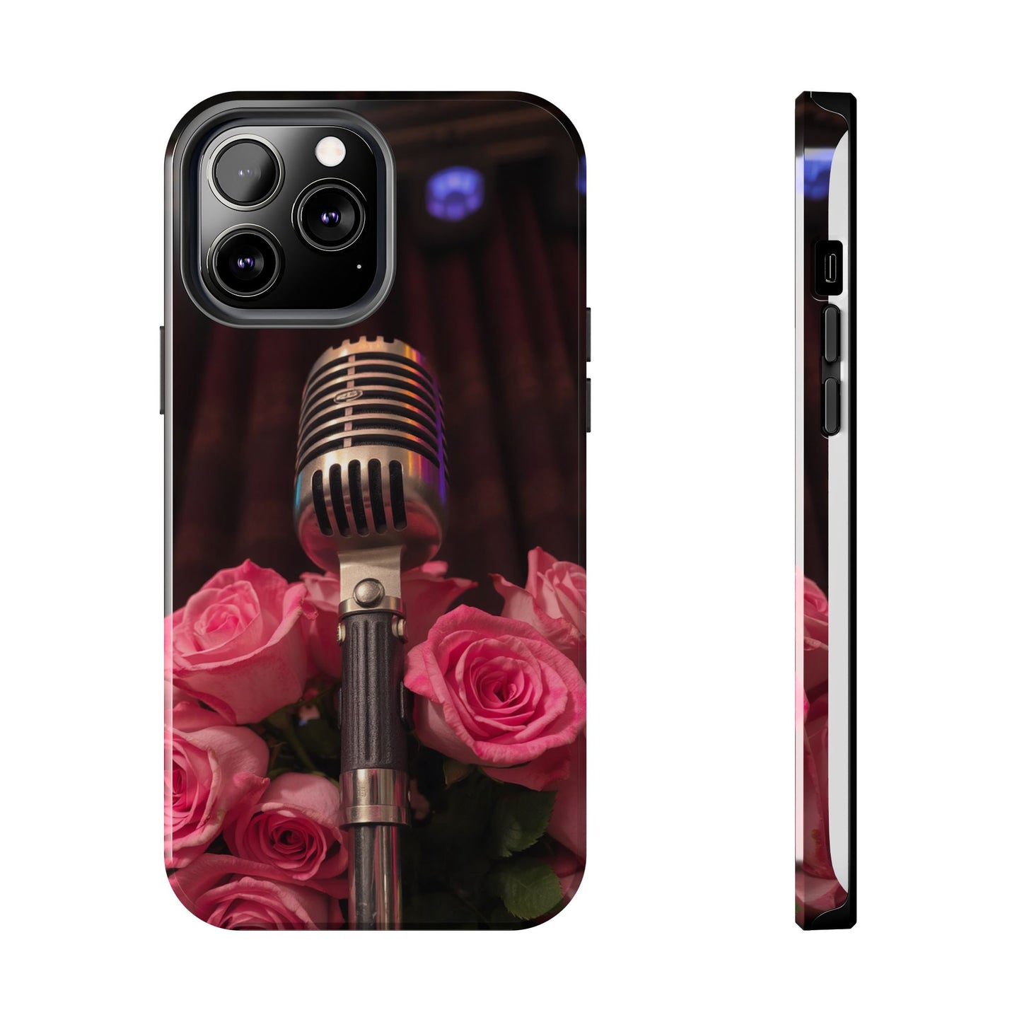 Stylish Tough Phone Case with Vintage Microphone and Roses