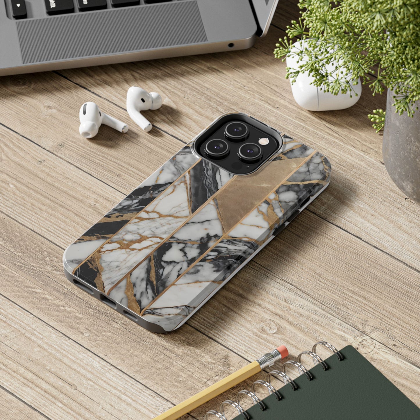 Marble Lines Tough Phone Case with Gold Accents - for iPhone