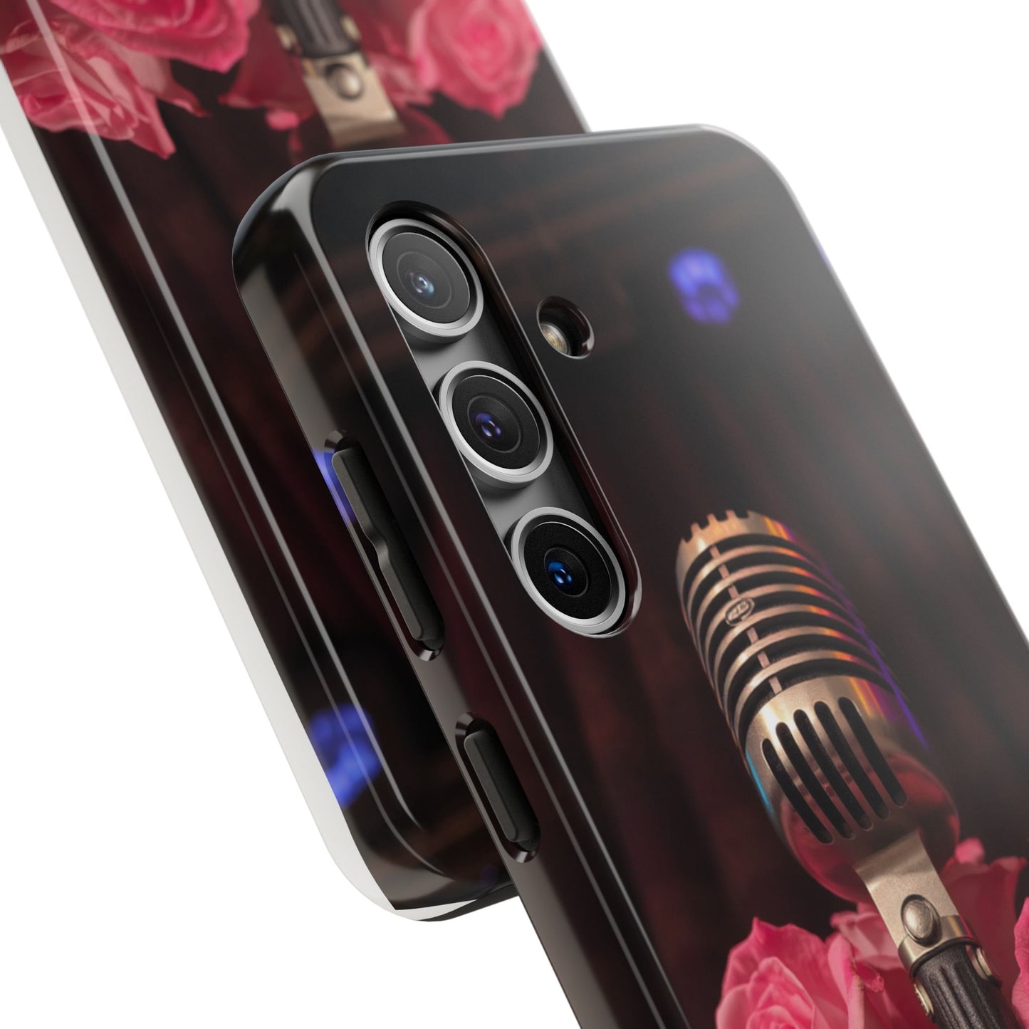 Stylish Tough Phone Case with Vintage Microphone and Roses