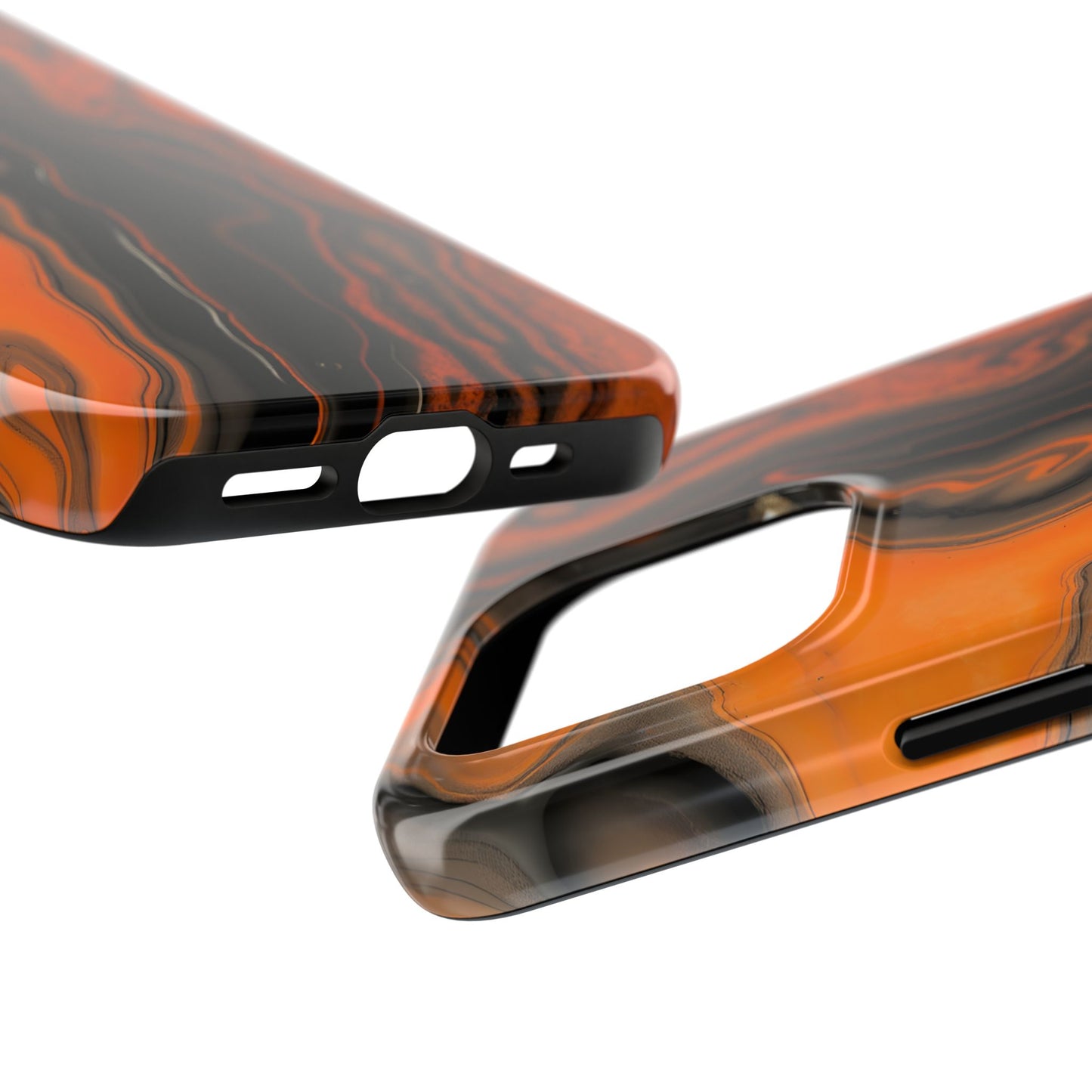 Stylish Tough Phone Case - Bold Black and Orange Metallic Lava Flow Design - for iPhone