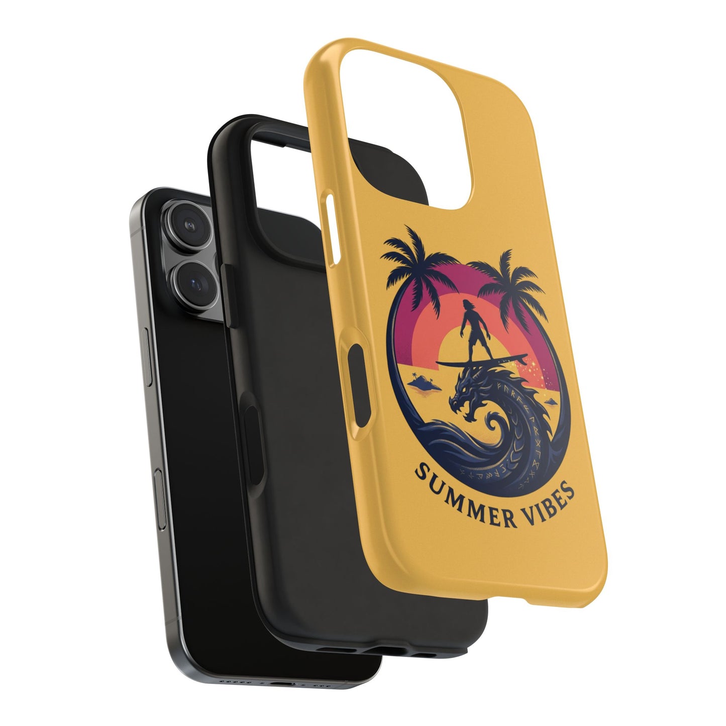 Surfing Dragon Phone Case — Silhouette Surfer with Palms & “Summer Vibes”