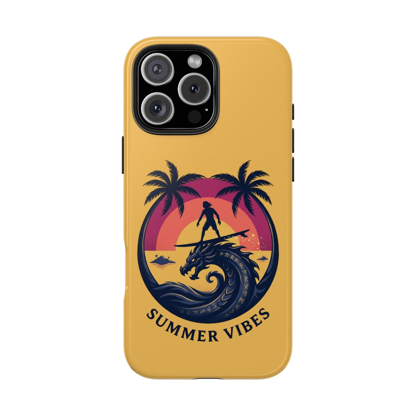 Surfing Dragon Phone Case — Silhouette Surfer with Palms & “Summer Vibes”
