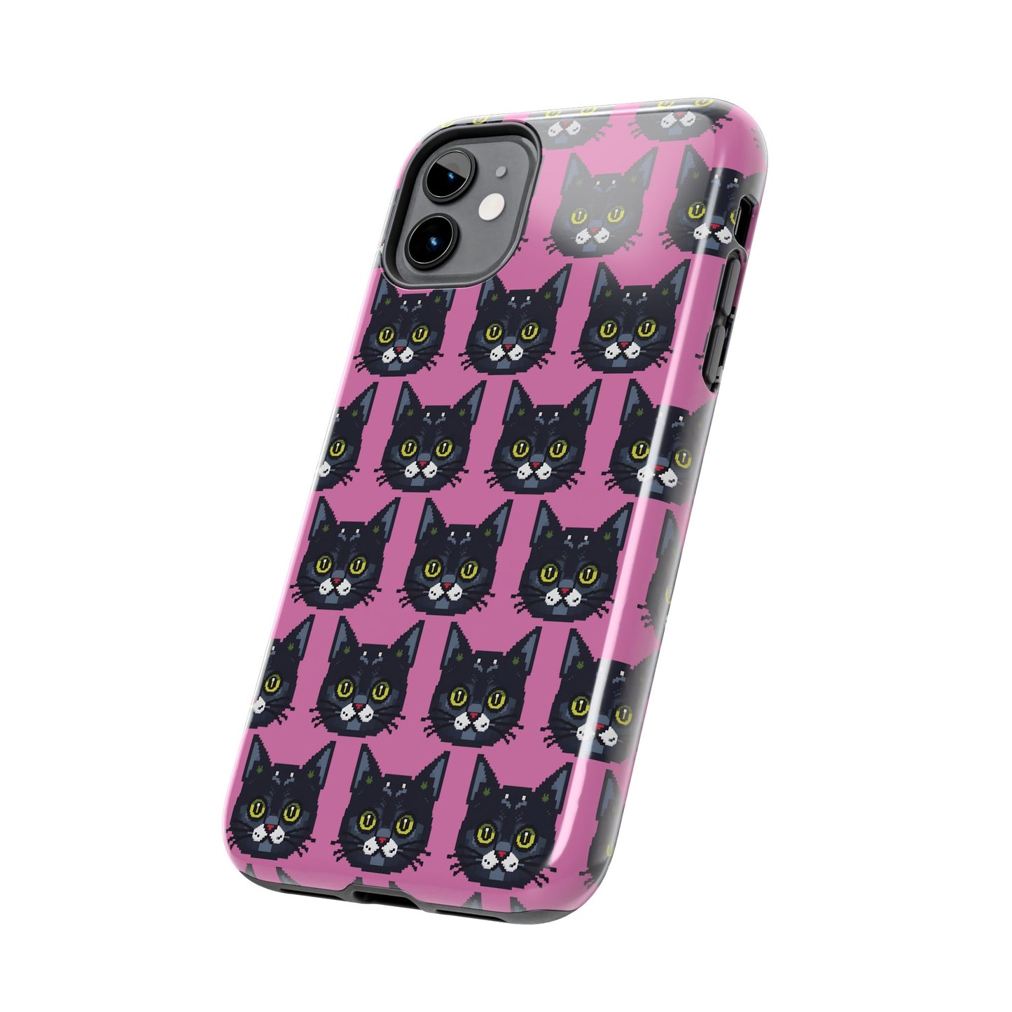 Playful Black Cat on Pink - Tough Phone Case - Pixel Cat Pattern - for iPhone
