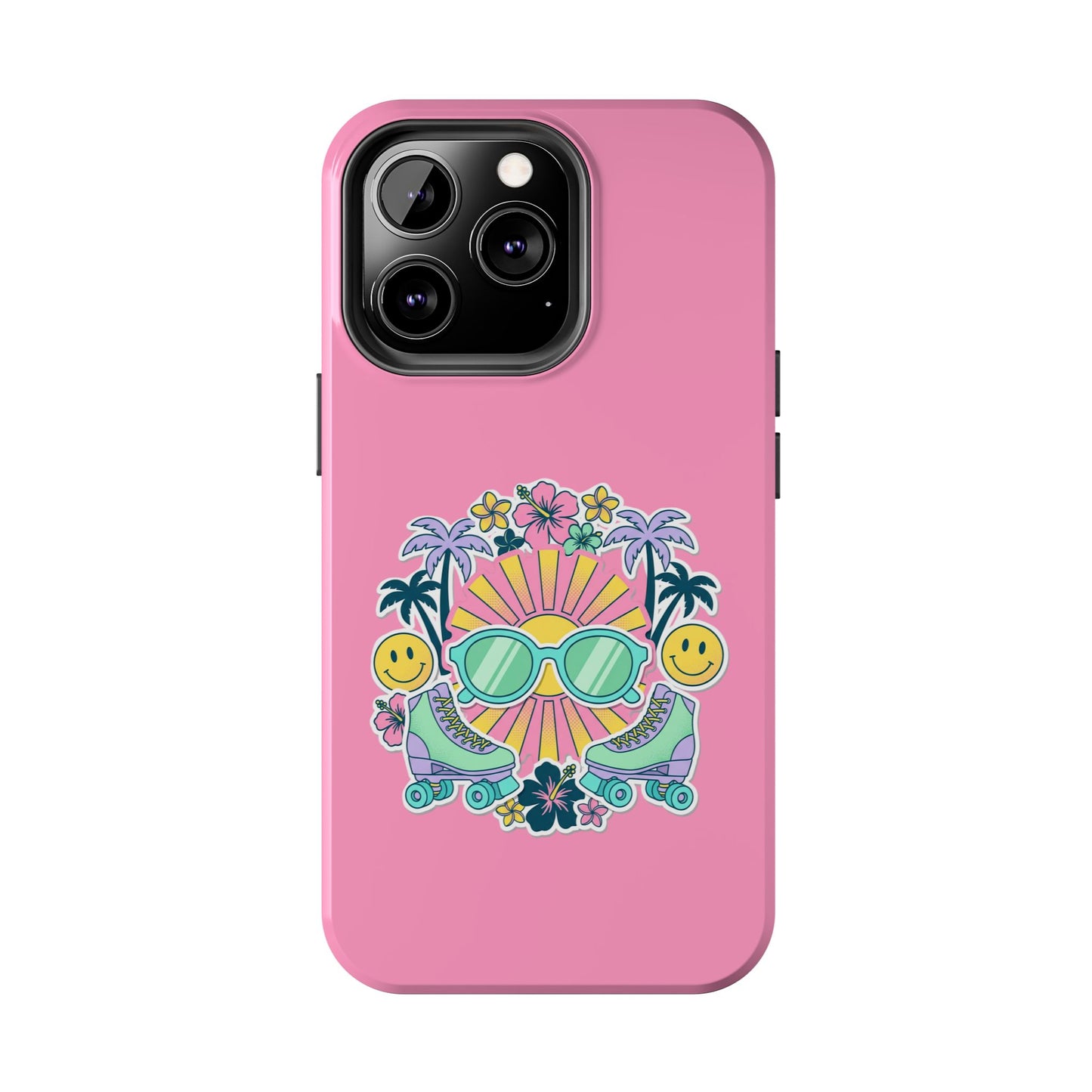 Retro Summer Phone Case — Y2K Palm Trees, Roller Skates & Smiley Collage
