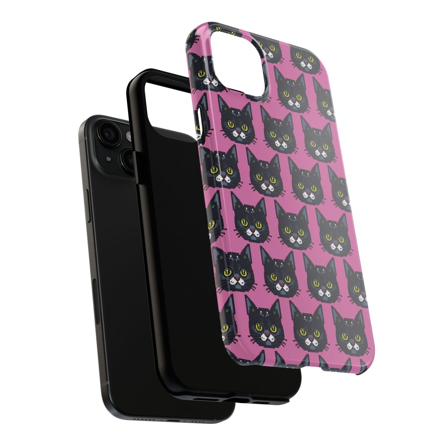Playful Black Cat on Pink - Tough Phone Case - Pixel Cat Pattern - for iPhone