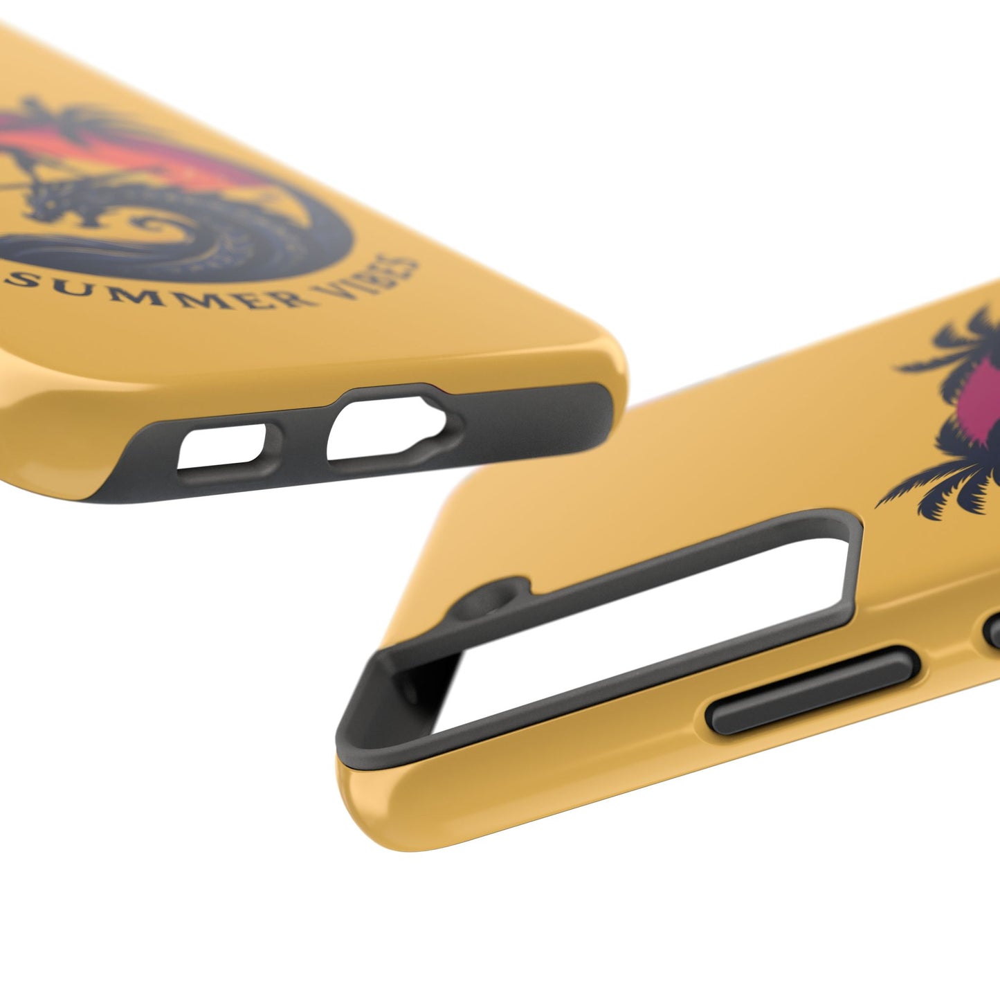 Surfing Dragon Phone Case — Silhouette Surfer with Palms & “Summer Vibes”