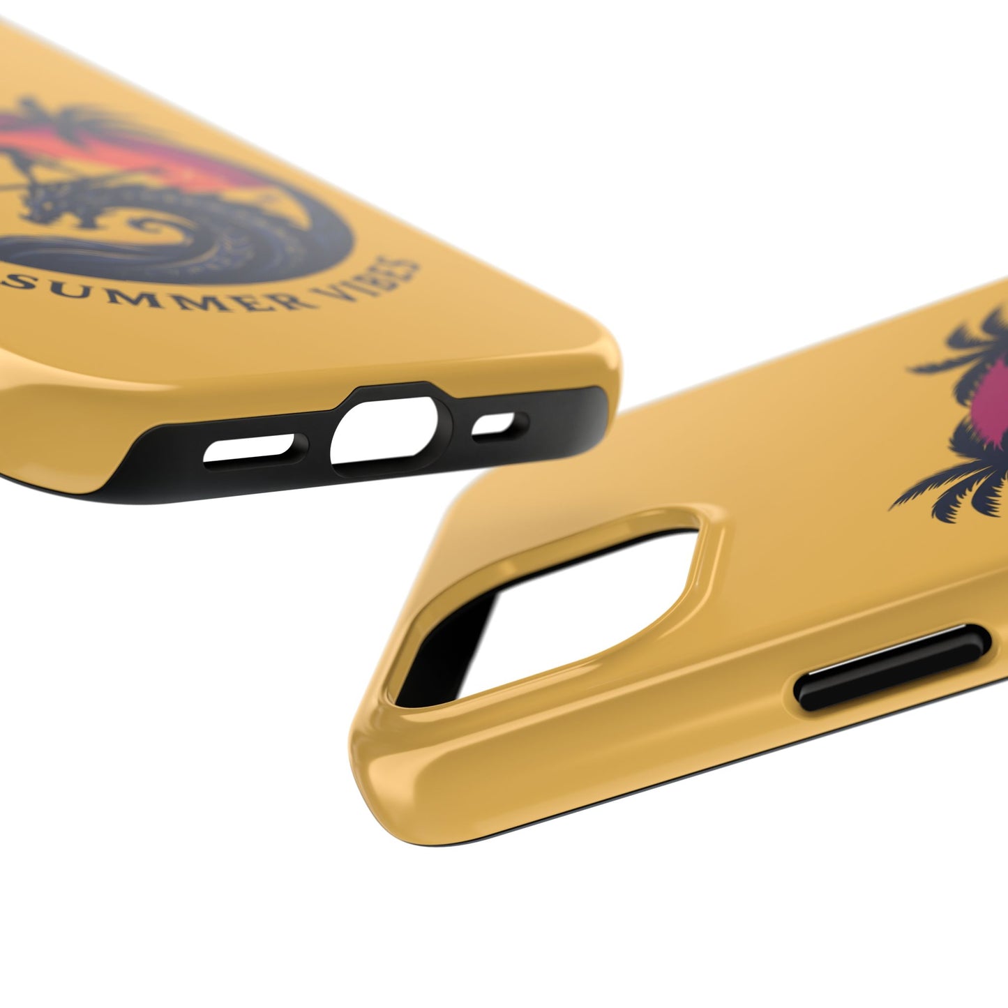Surfing Dragon Phone Case — Silhouette Surfer with Palms & “Summer Vibes”