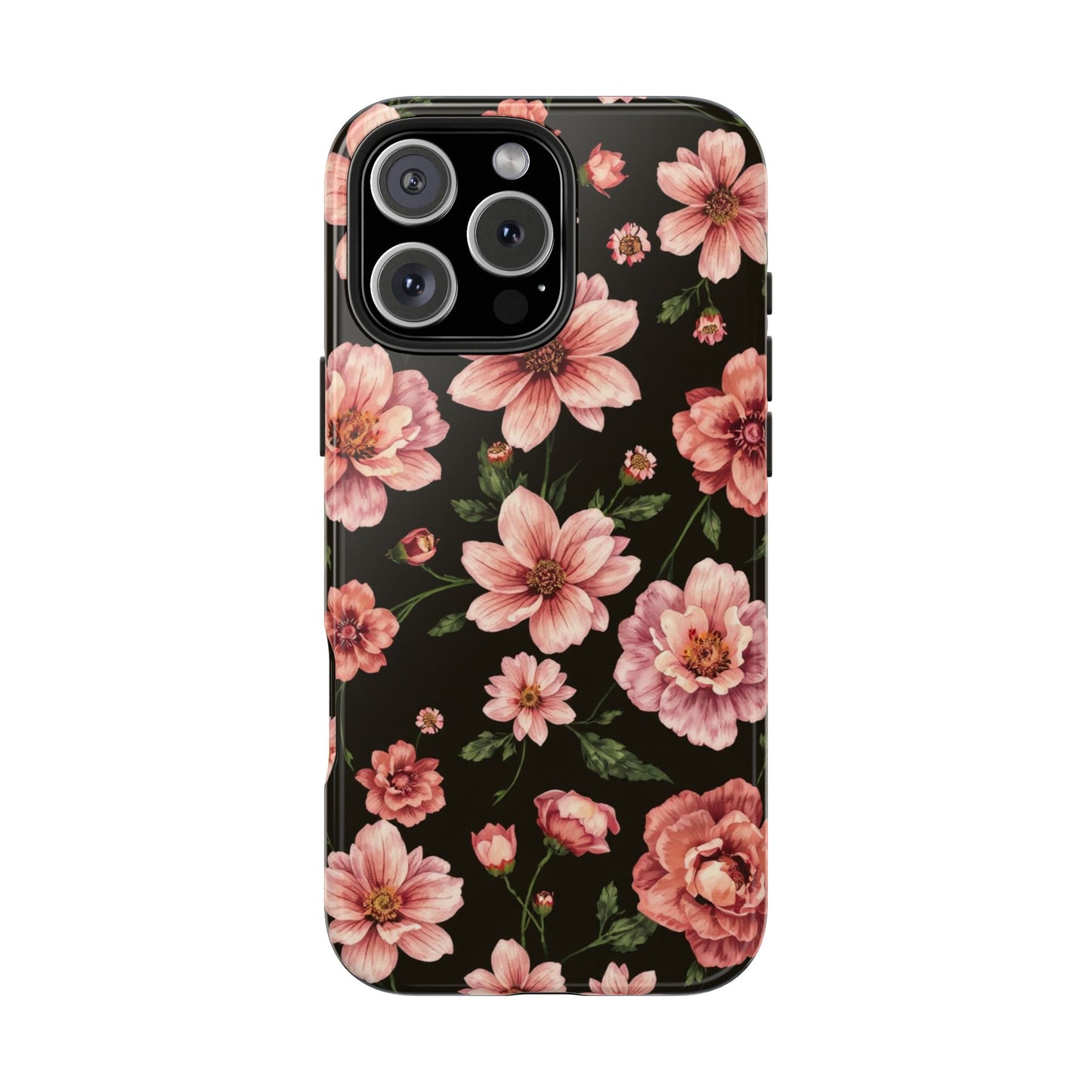 Floral Tough Phone Case - Durable Protection with Elegant Pink Flowers on Black Design - for iPhone